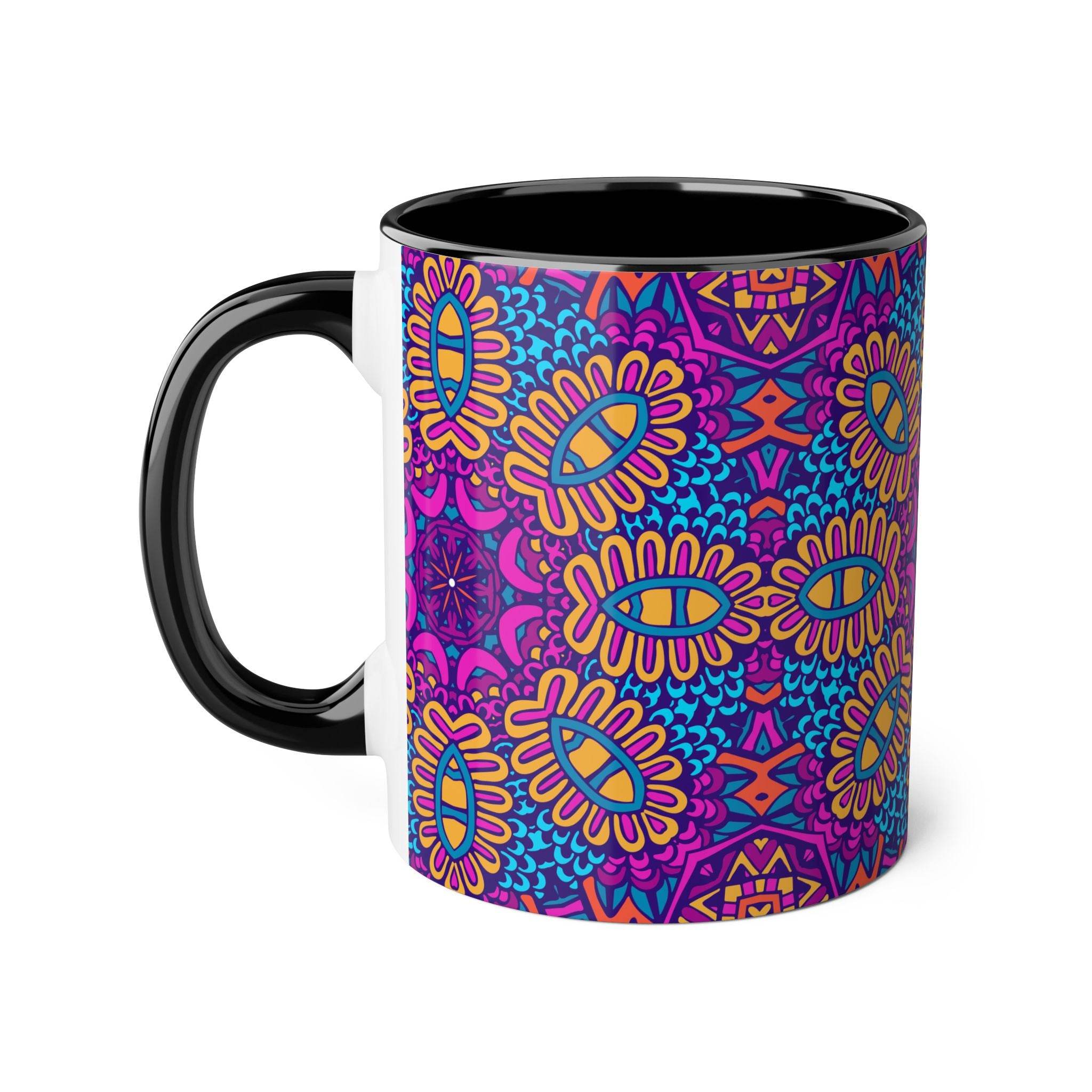Printify psychedelic coffee mug with vibrant colorful abstract floral pattern and black handle
