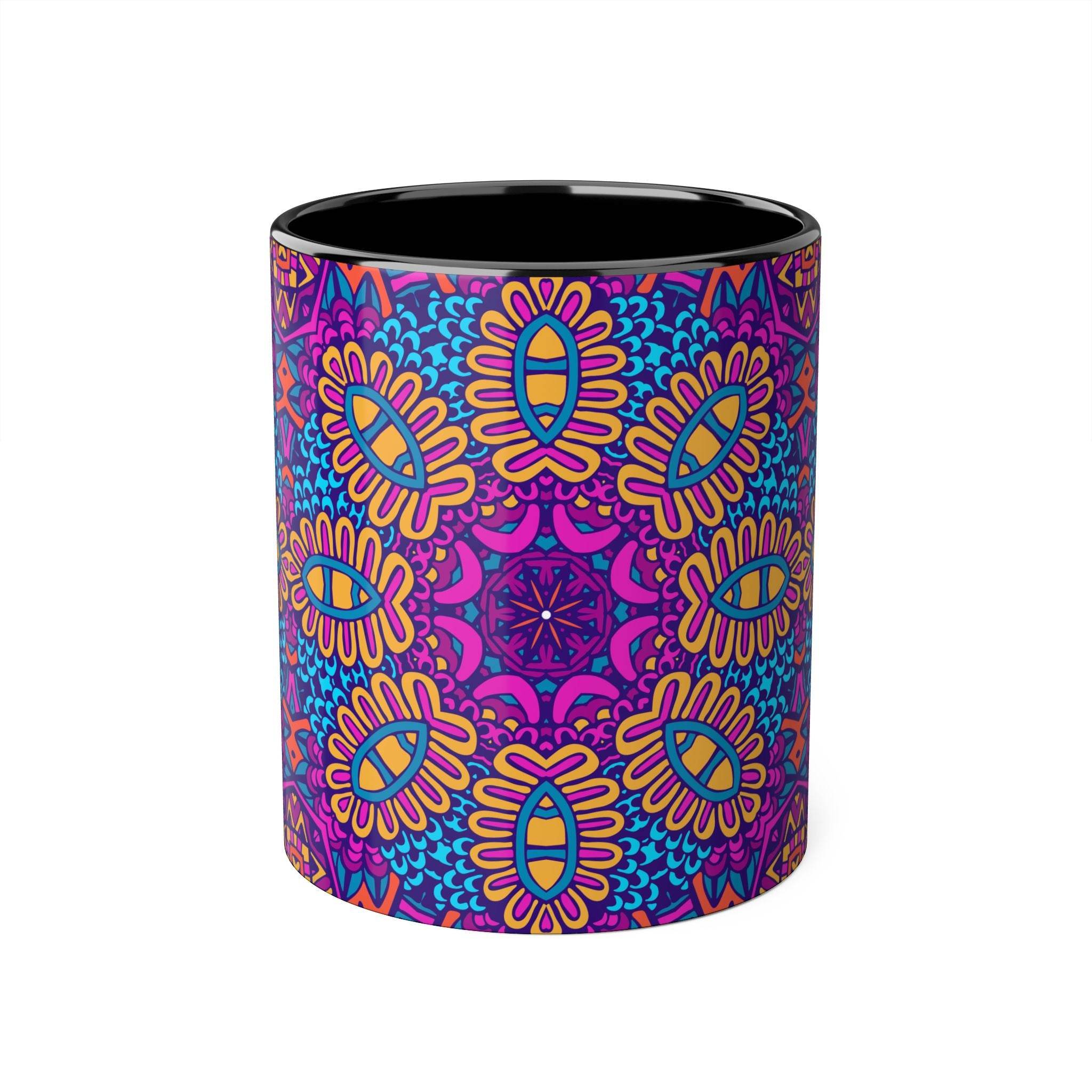 Printify psychedelic coffee mug with vibrant multicolor mandala design and black interior