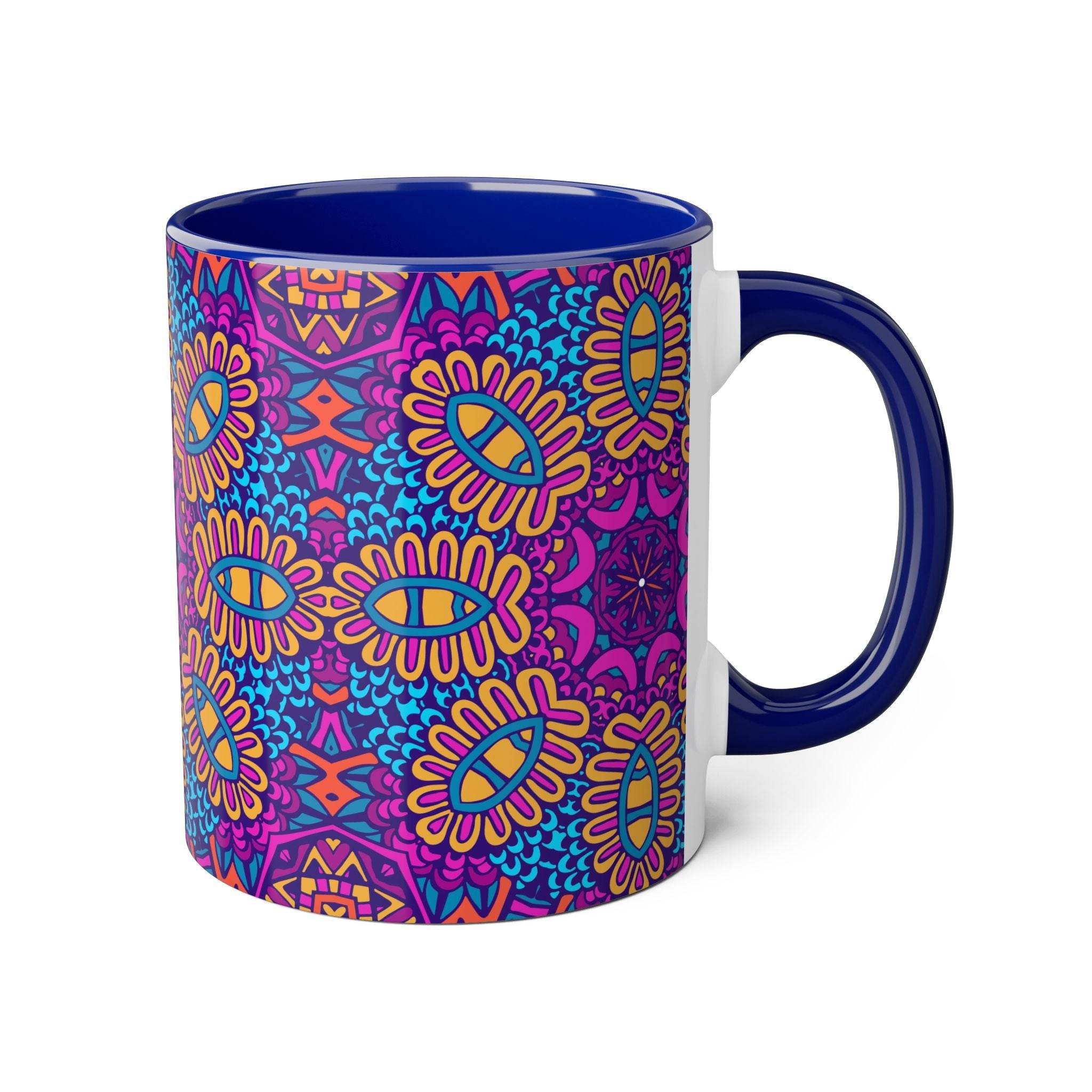 Printify psychedelic coffee mug with vibrant blue, purple, and yellow abstract floral patterns
