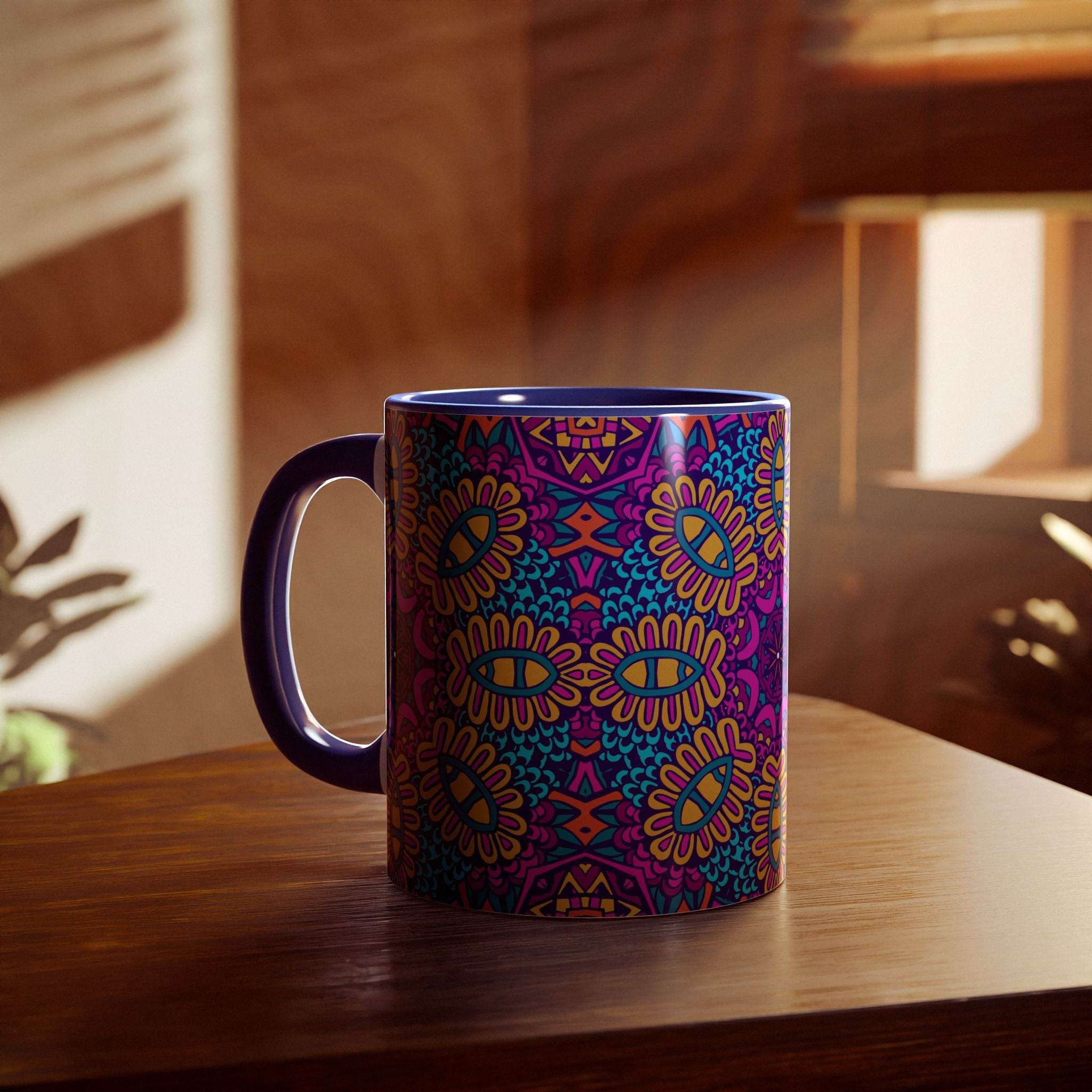 Printify psychedelic coffee mug with colorful intricate floral pattern and dark handle on wooden table