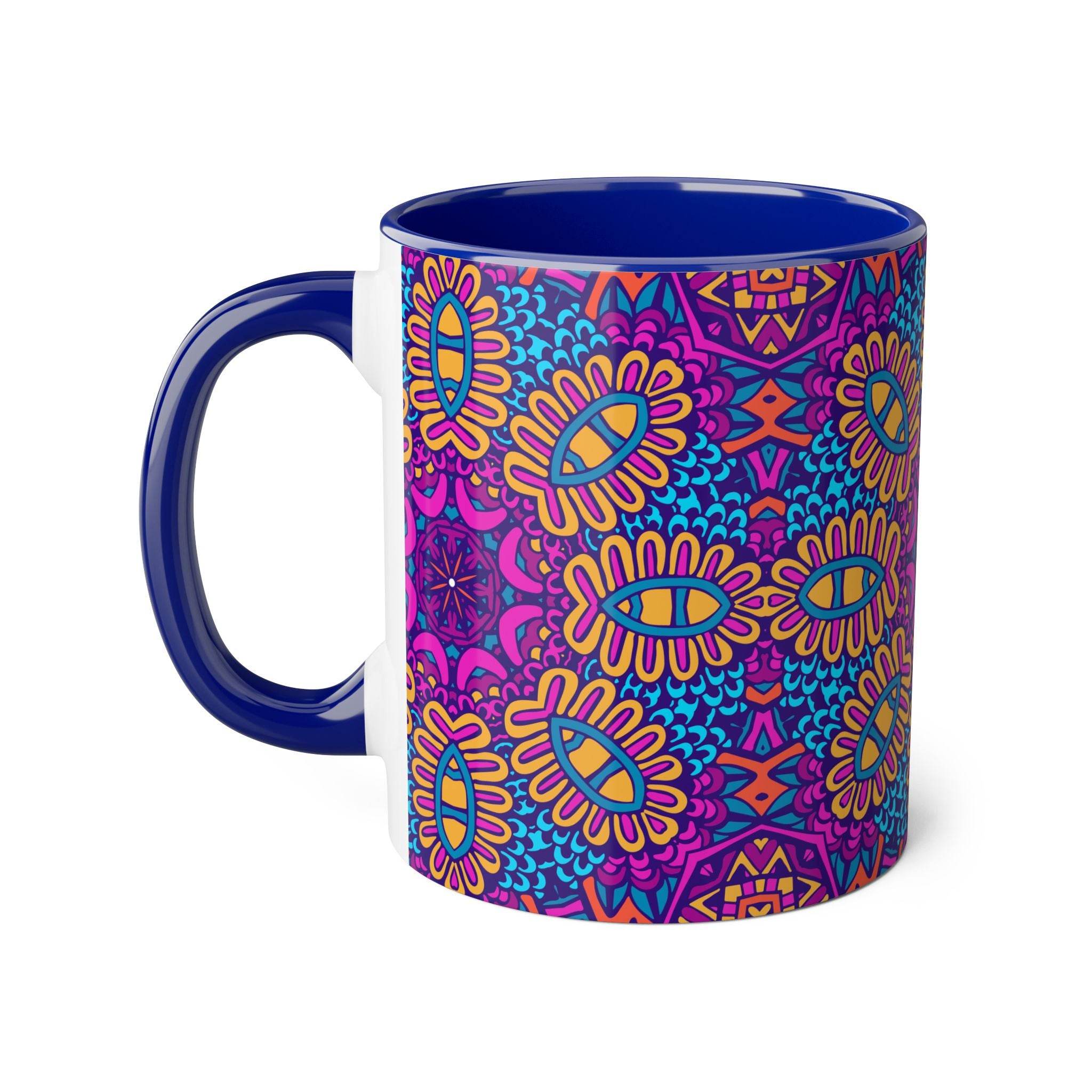Printify psychedelic coffee mug with vibrant blue, purple, and orange abstract floral design and blue handle