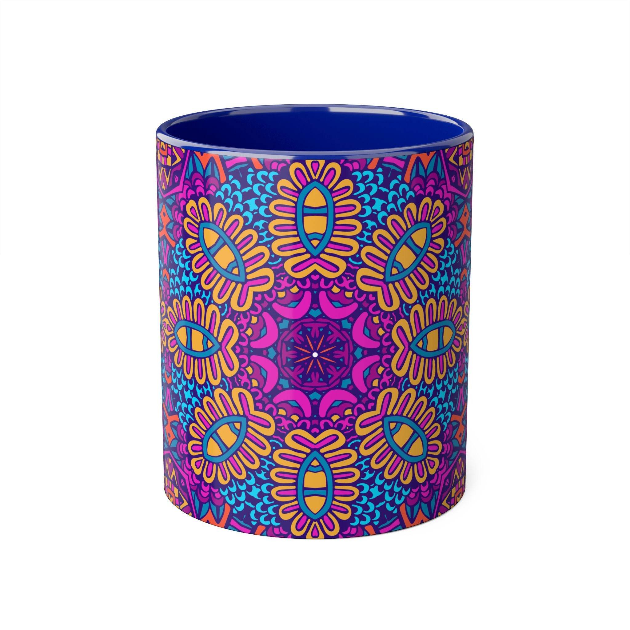 Colorful psychedelic coffee mug with vibrant blue, pink, and yellow mandala pattern by Printify