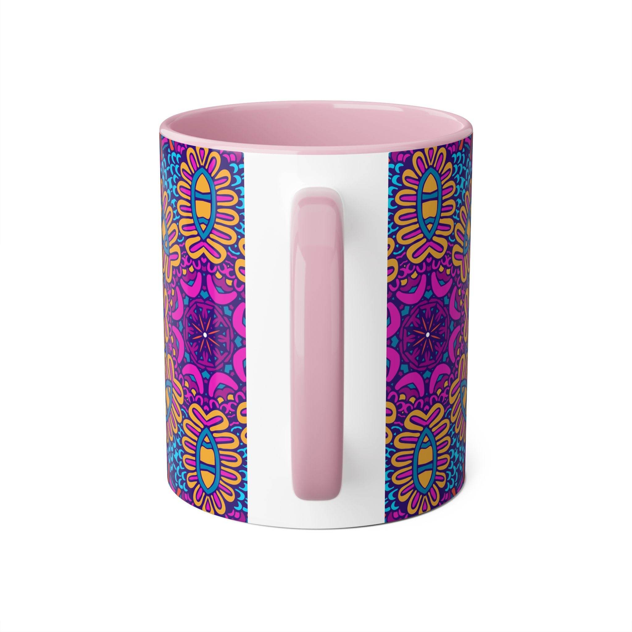 Printify psychedelic coffee mug with vibrant purple and pink floral pattern and pink handle