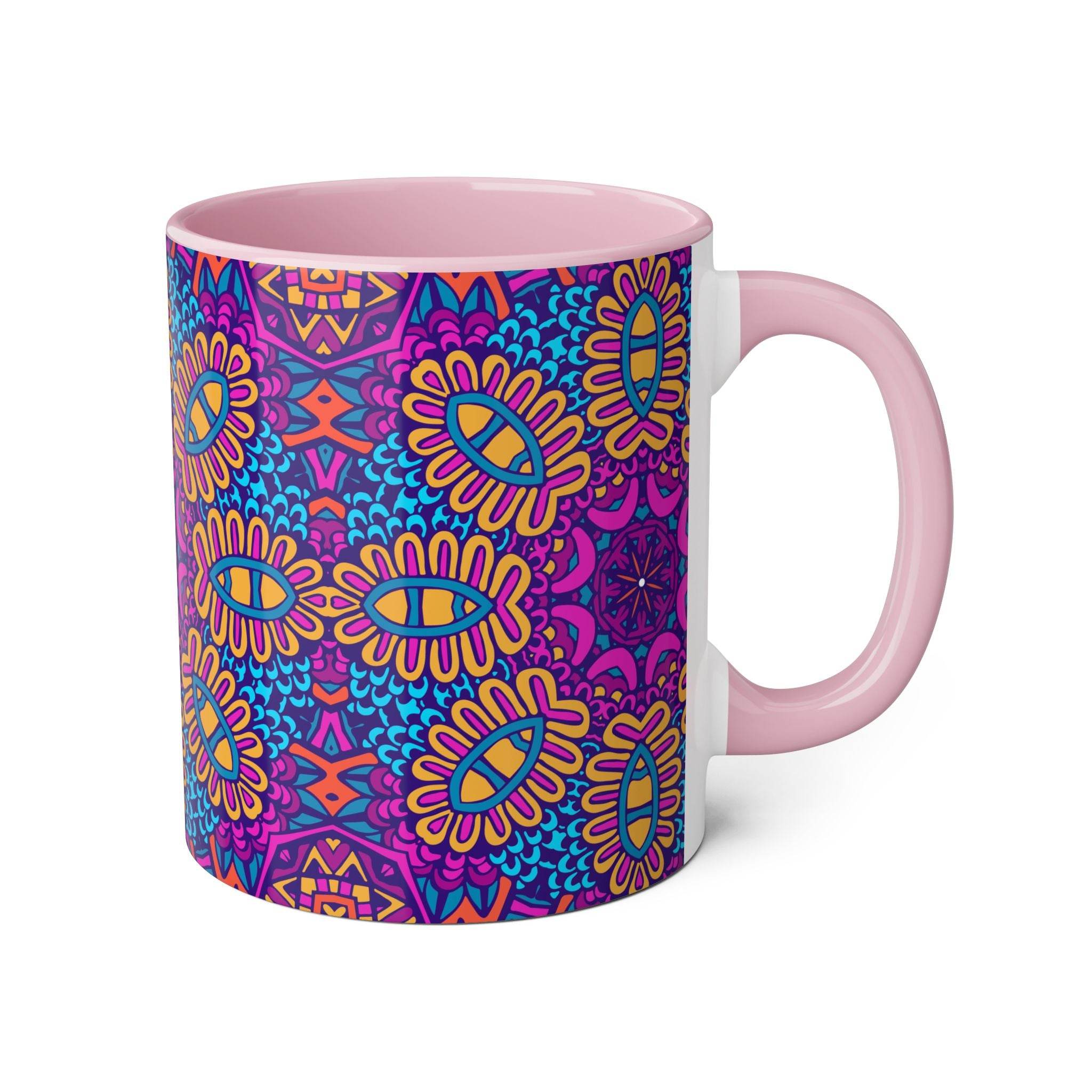 Printify psychedelic coffee mug with colorful vibrant abstract floral pattern and pink handle