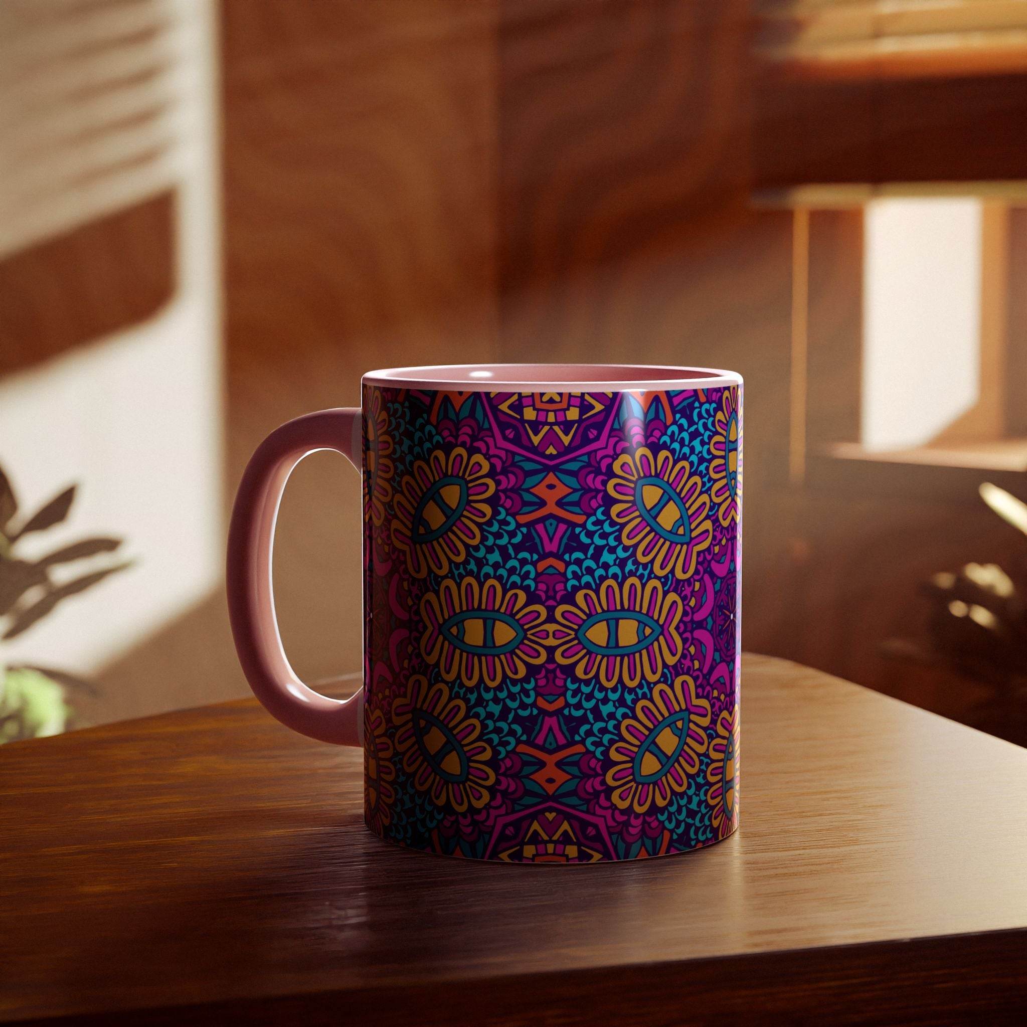 Printify psychedelic coffee mug with vibrant purple and blue geometric floral design on wooden table