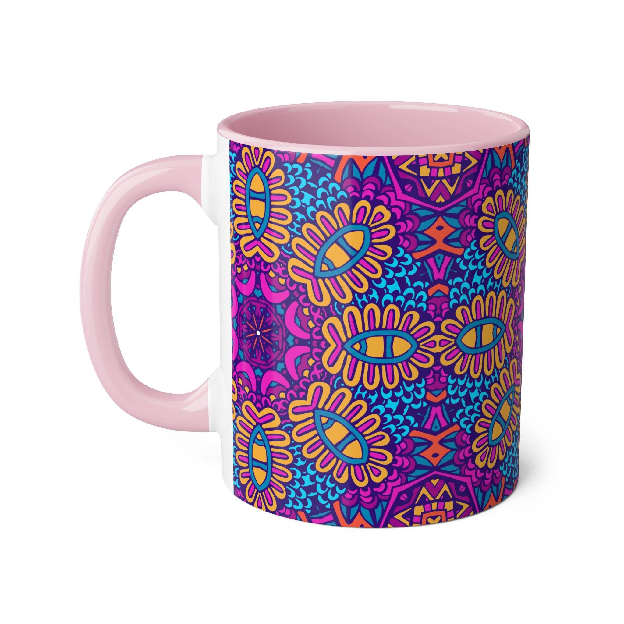 Printify pink handled psychedelic coffee mug with colorful abstract floral pattern