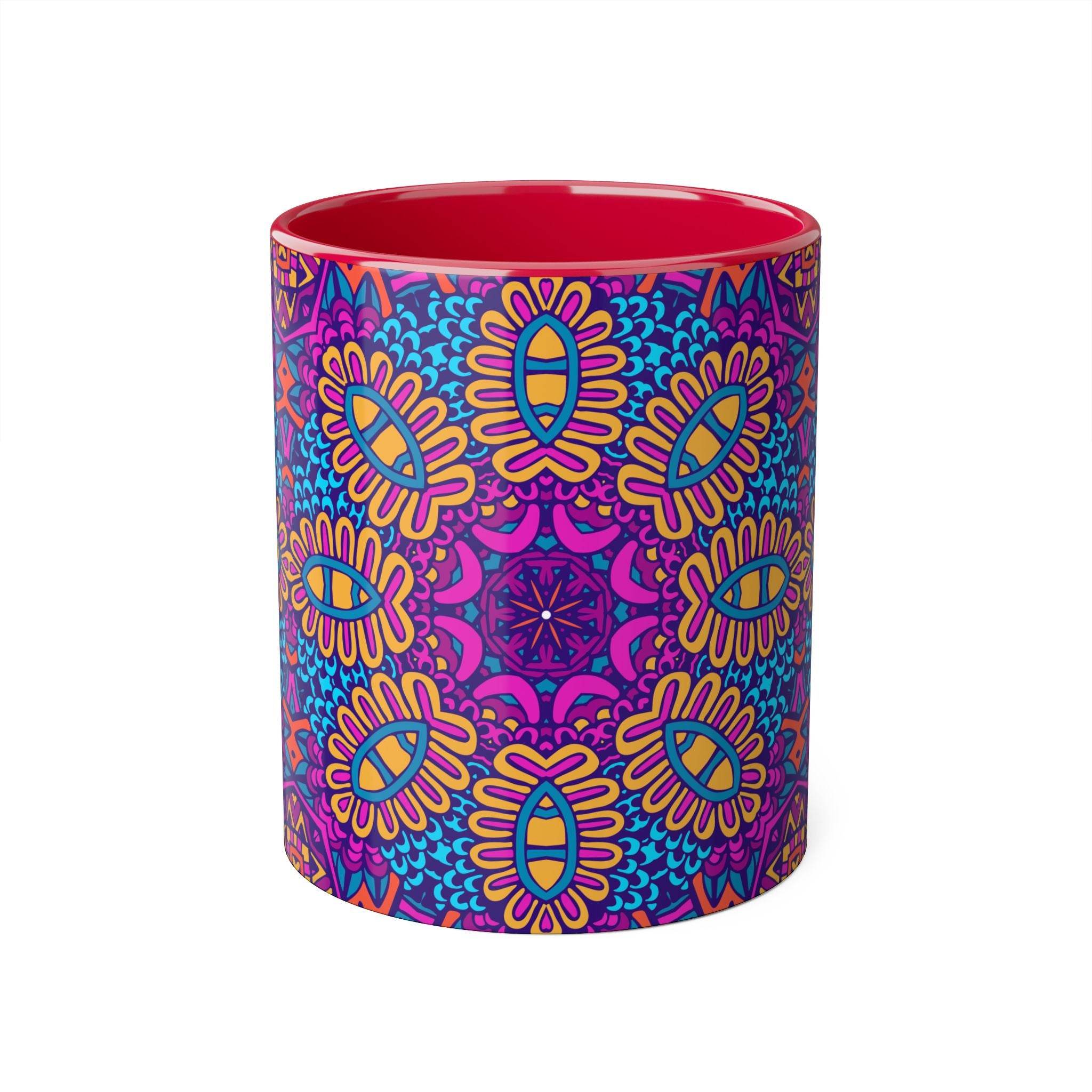 Colorful Printify psychedelic coffee mug with vibrant mandala design and red interior