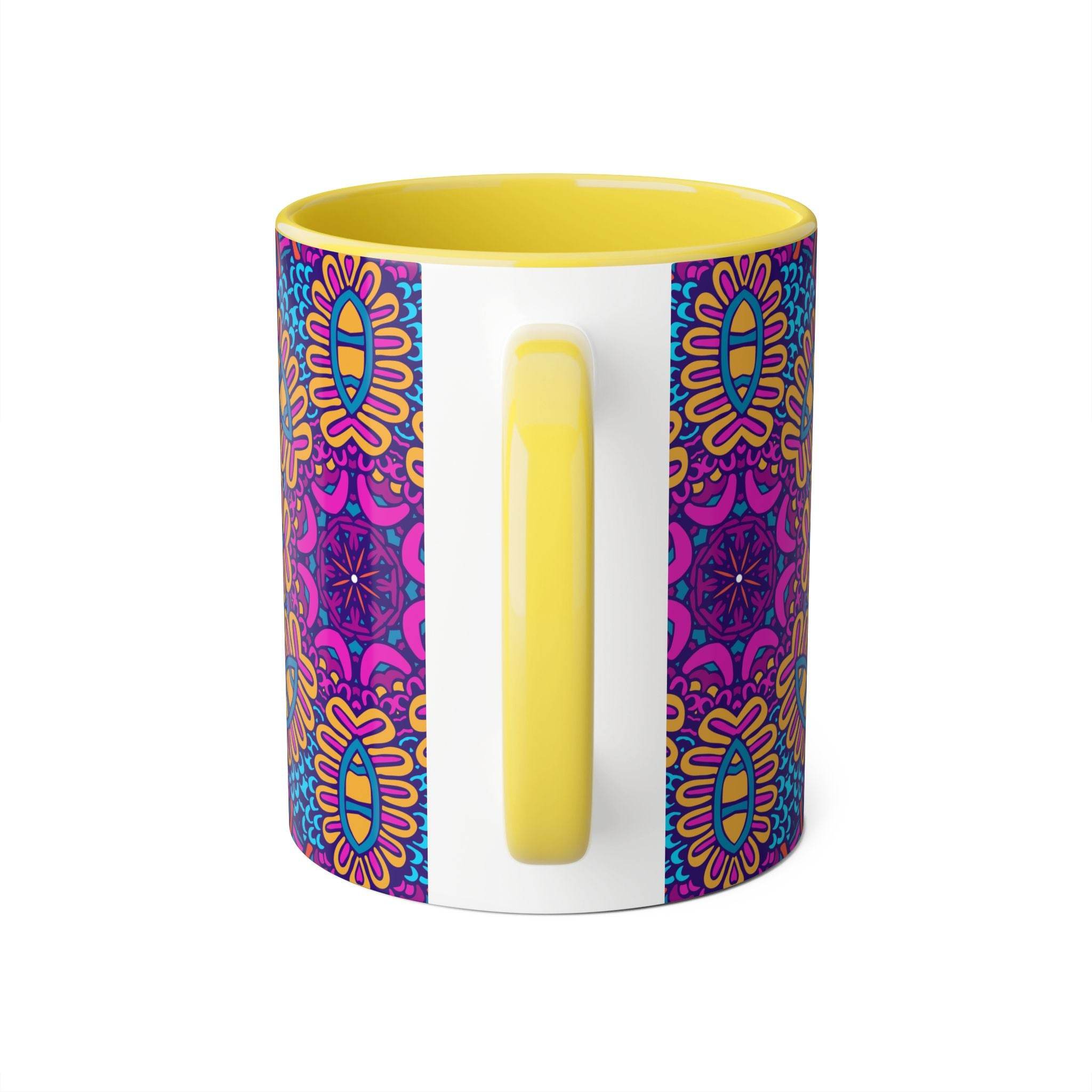 Printify psychedelic coffee mug with vibrant purple and yellow mandala design and yellow handle