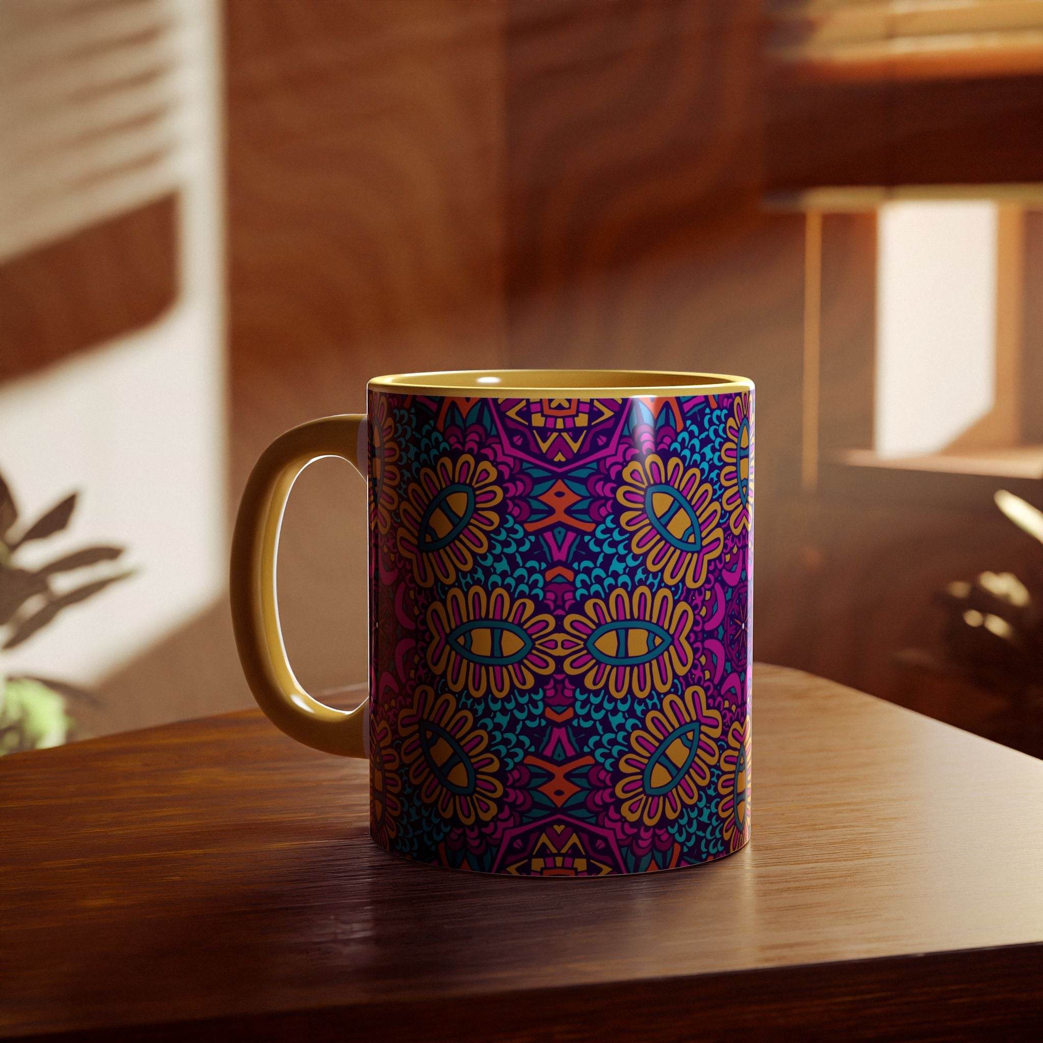 Printify psychedelic coffee mug with vibrant purple and blue abstract floral pattern on wooden table