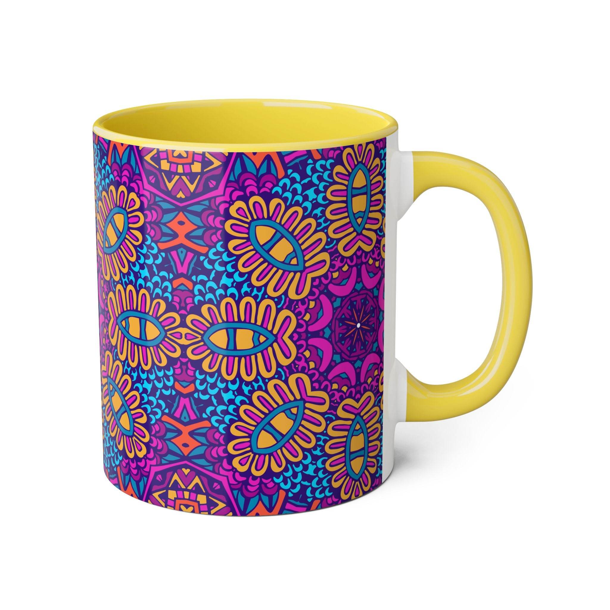 Printify psychedelic coffee mug with yellow handle and colorful abstract floral pattern
