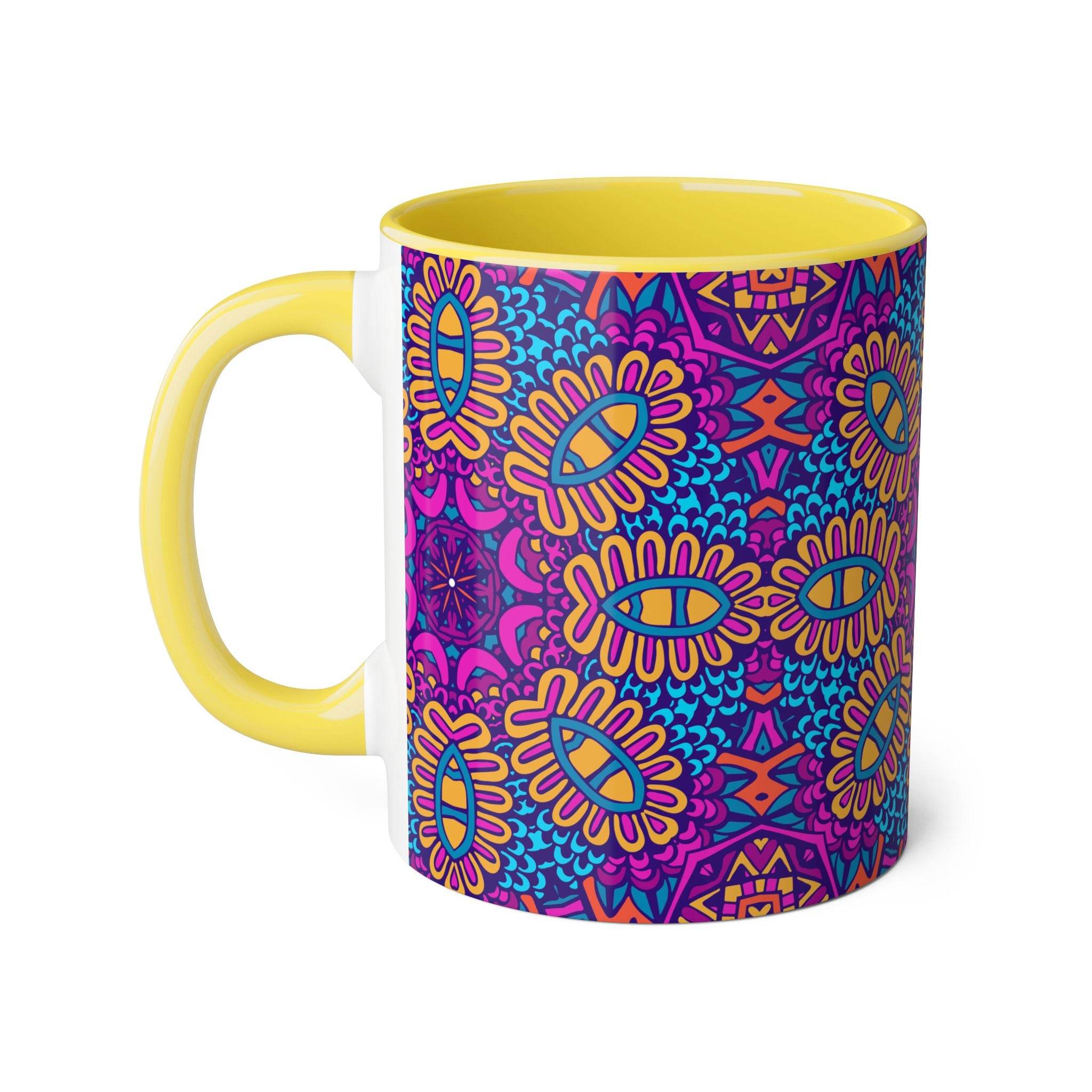Printify yellow handle psychedelic coffee mug with vibrant purple and blue floral abstract pattern