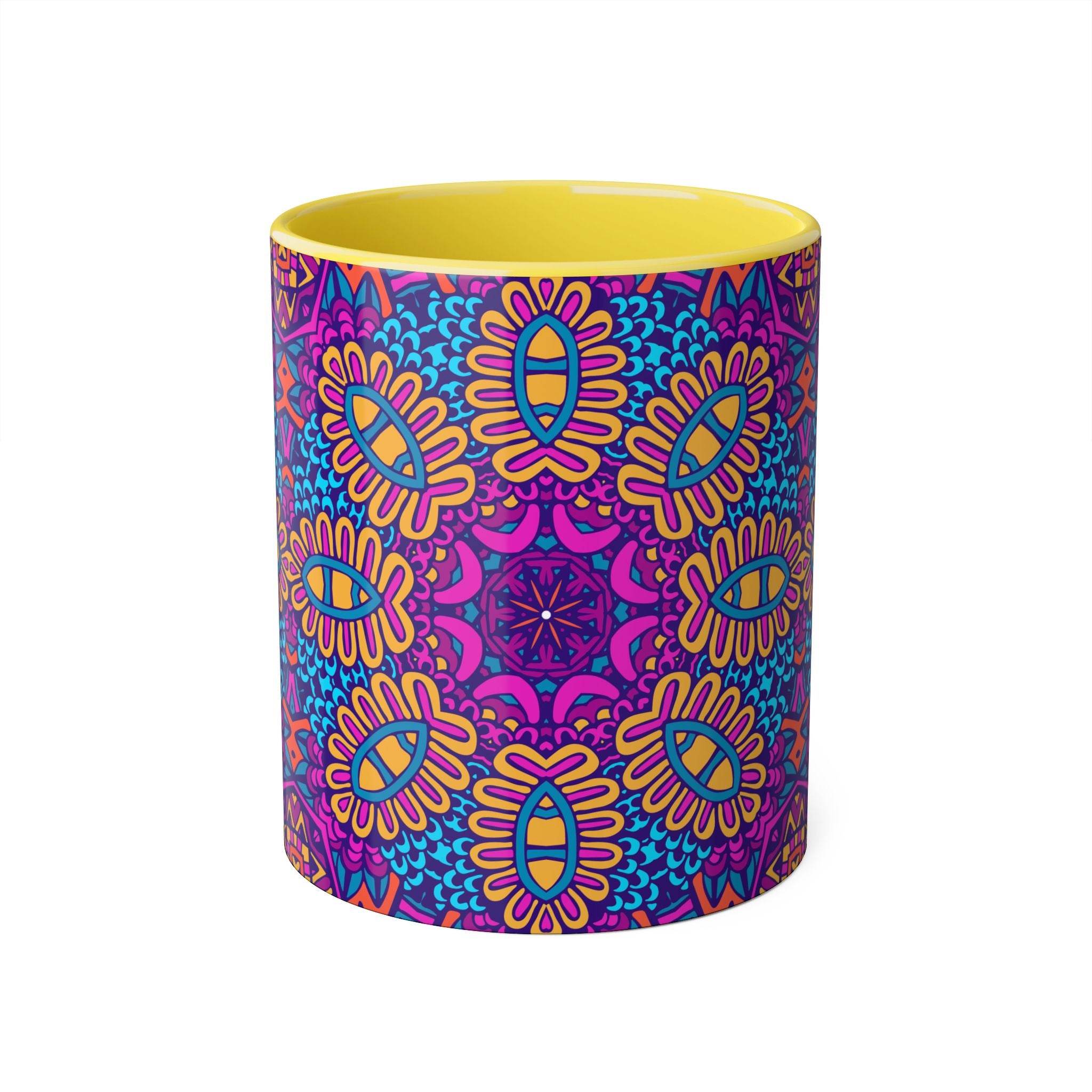 Printify psychedelic coffee mug with vibrant purple and blue kaleidoscope design and yellow interior