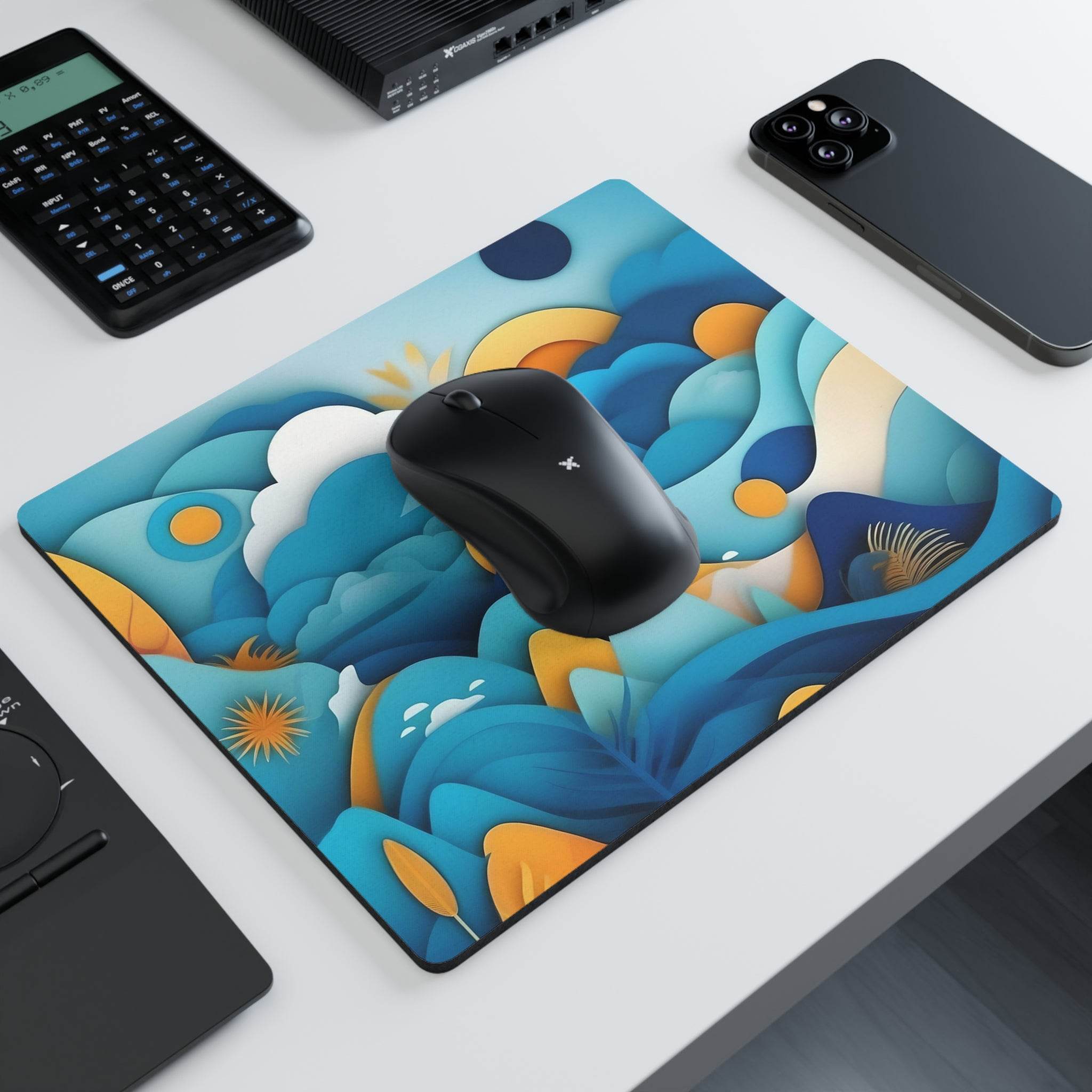 Printify rectangular mouse pad eco-friendly with blue and orange abstract design under black wireless mouse