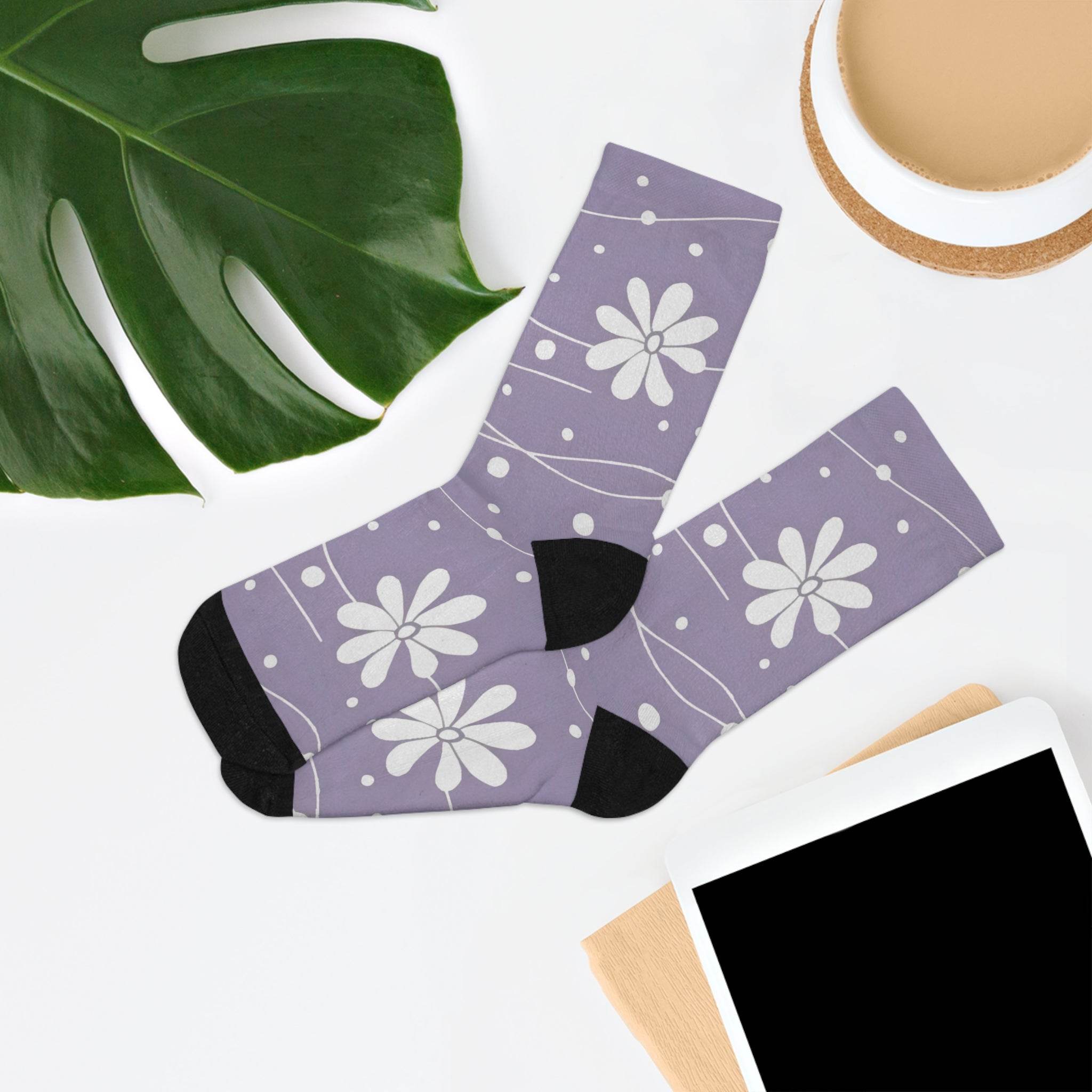 Printify recycled poly socks with purple floral design and black heel and toe on white background