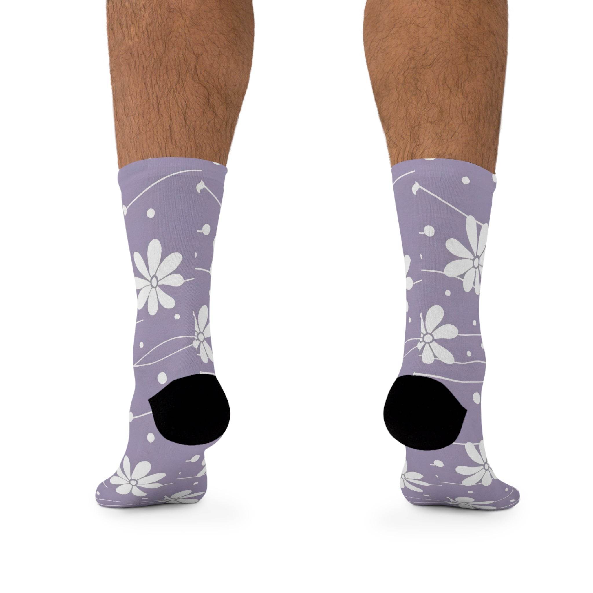 Printify recycled poly socks in purple with white floral design and black heel and toe accents