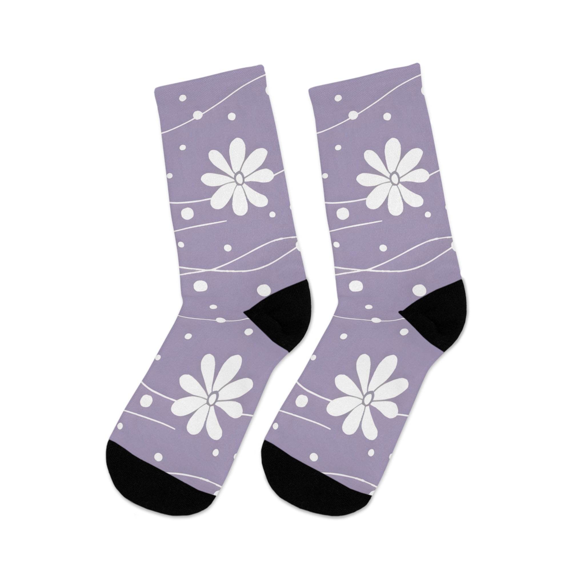 Printify purple recycled poly socks with white floral pattern and black heel and toe