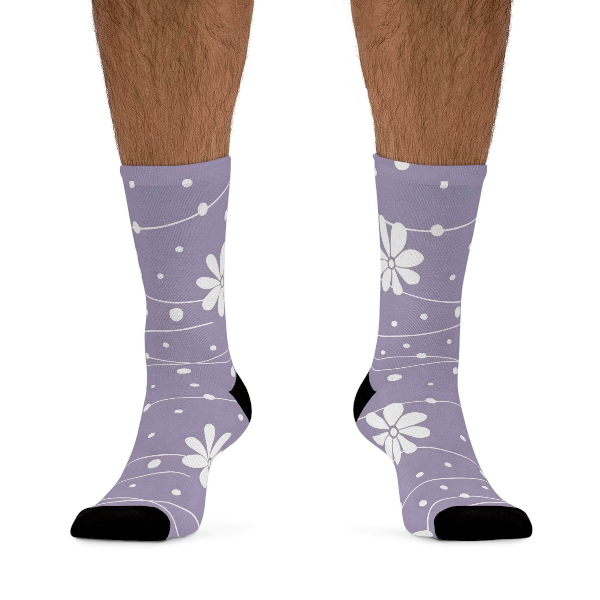 Printify lavender recycled poly socks with white floral and dot pattern and black toe and heel