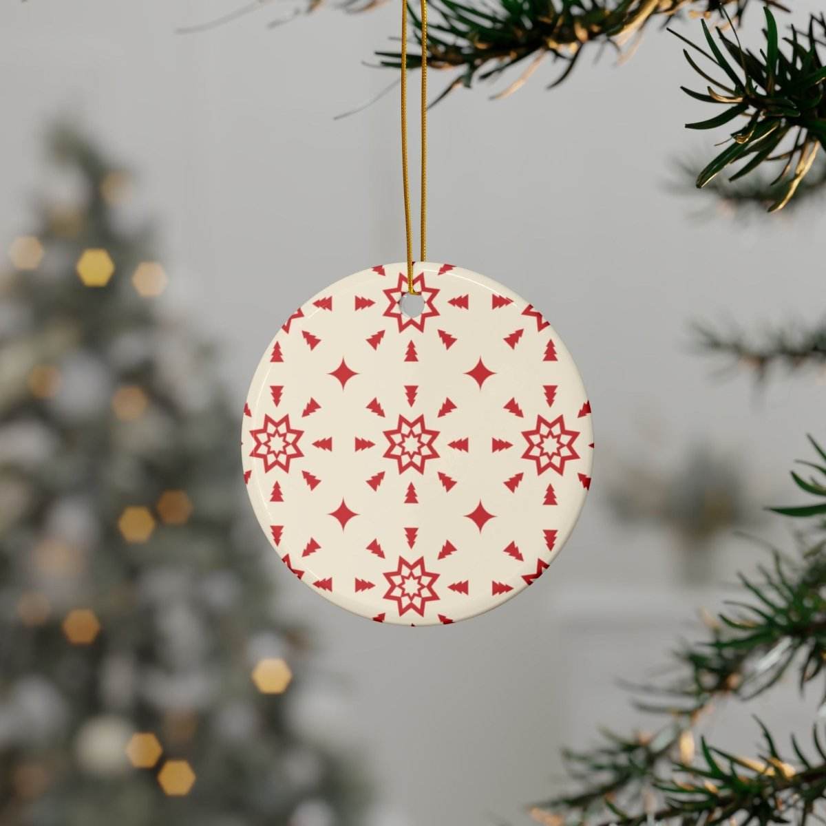 Red & Cream Festive Ceramic Ornaments 2-Side Print - Seasonal Decorations - Esmeralda Ecostore