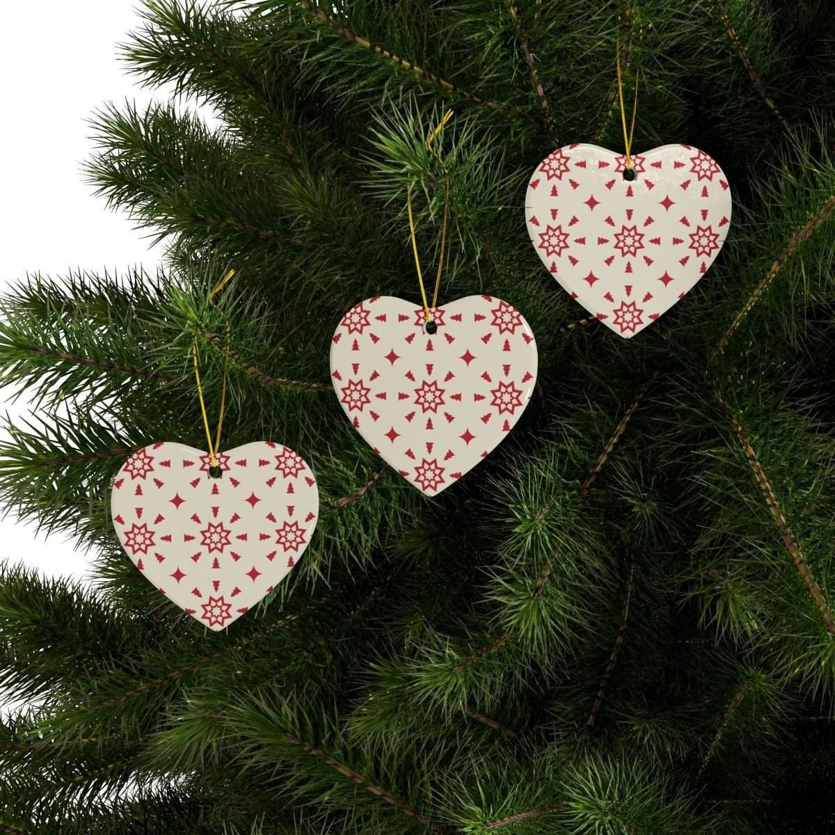 Red & Cream Festive Ceramic Ornaments 2-Side Print - Seasonal Decorations - Esmeralda Ecostore