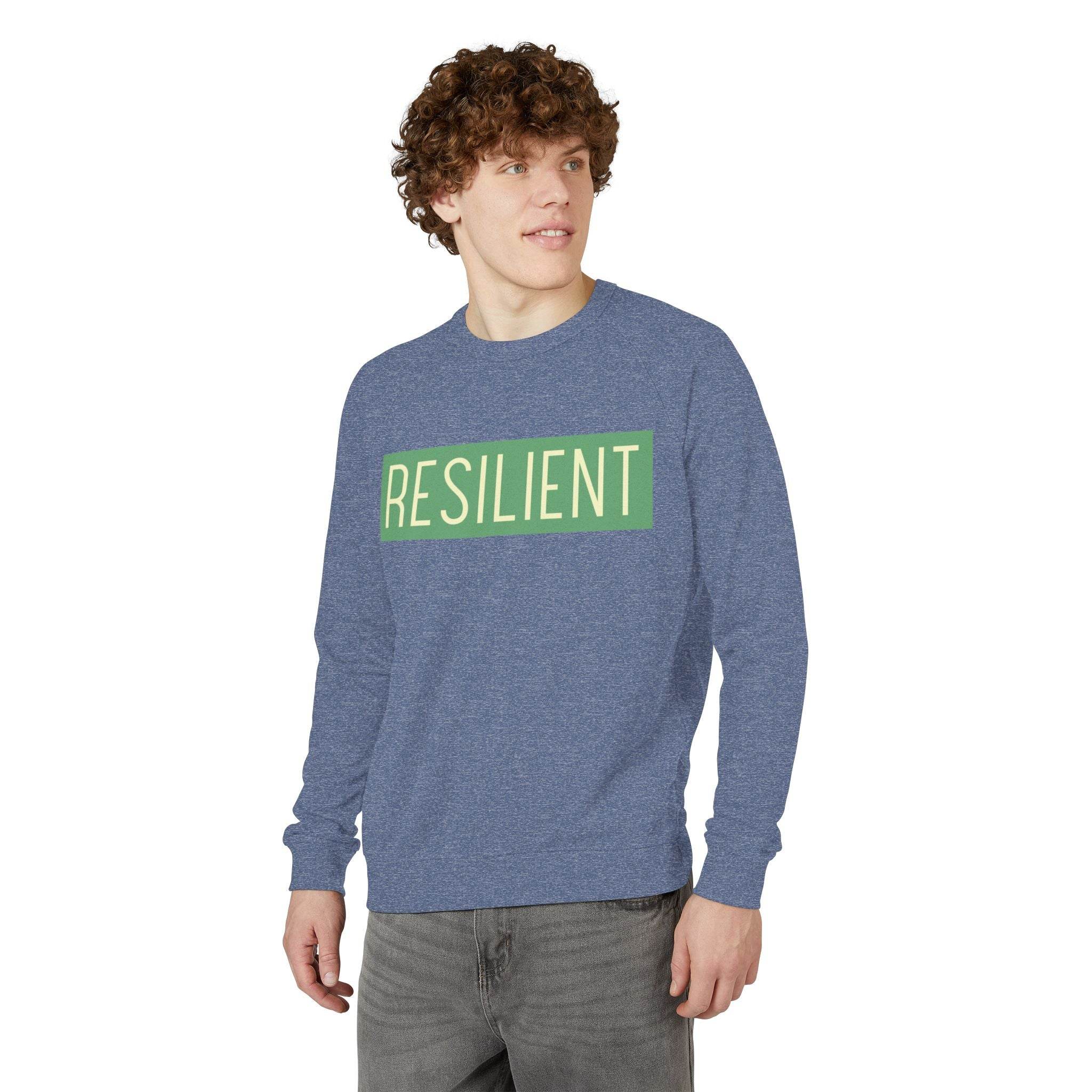 Printify eco-friendly crewneck sweatshirt in blue with resilient text worn by male model