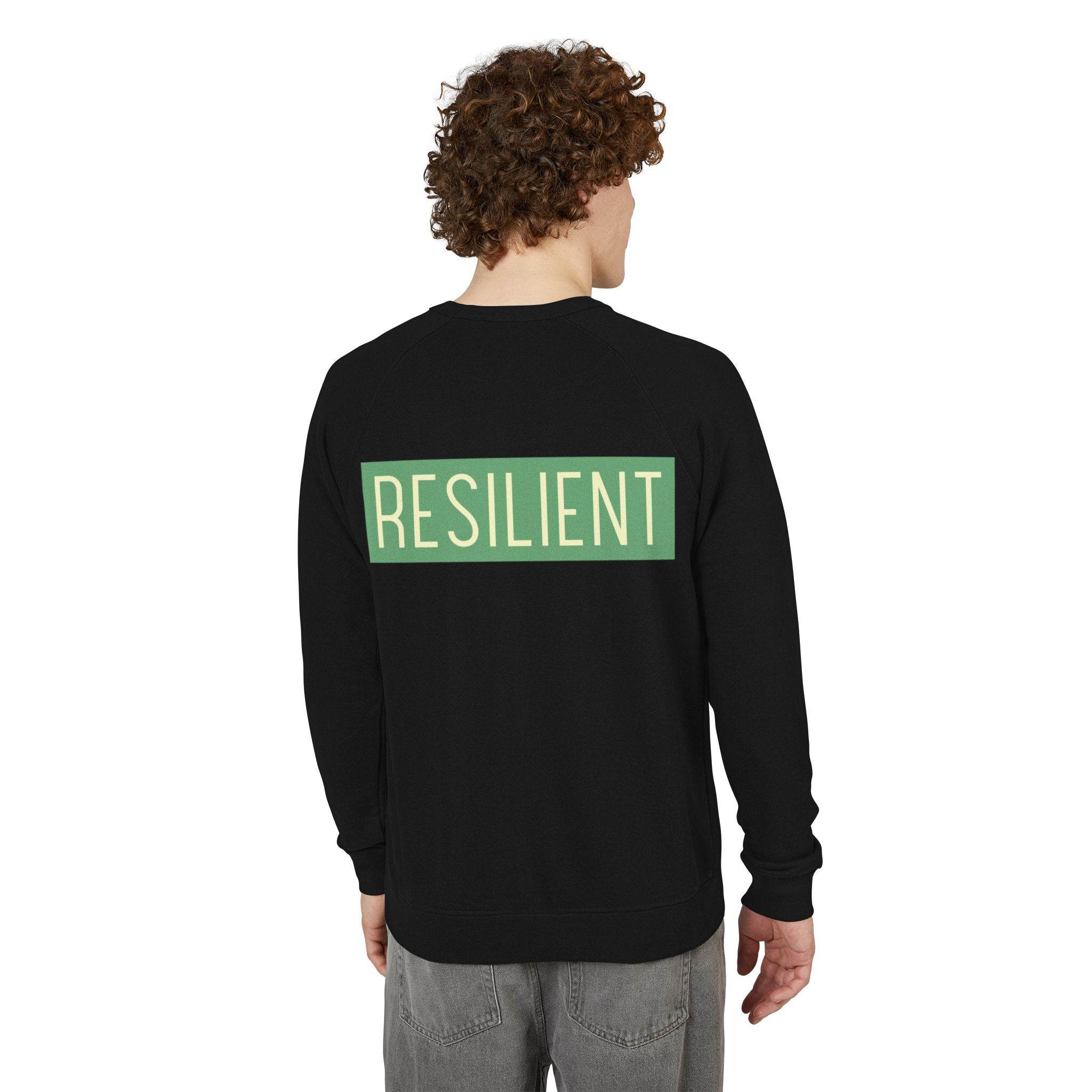 Back view of a man wearing a black Printify eco-friendly crewneck sweatshirt with resilient text design