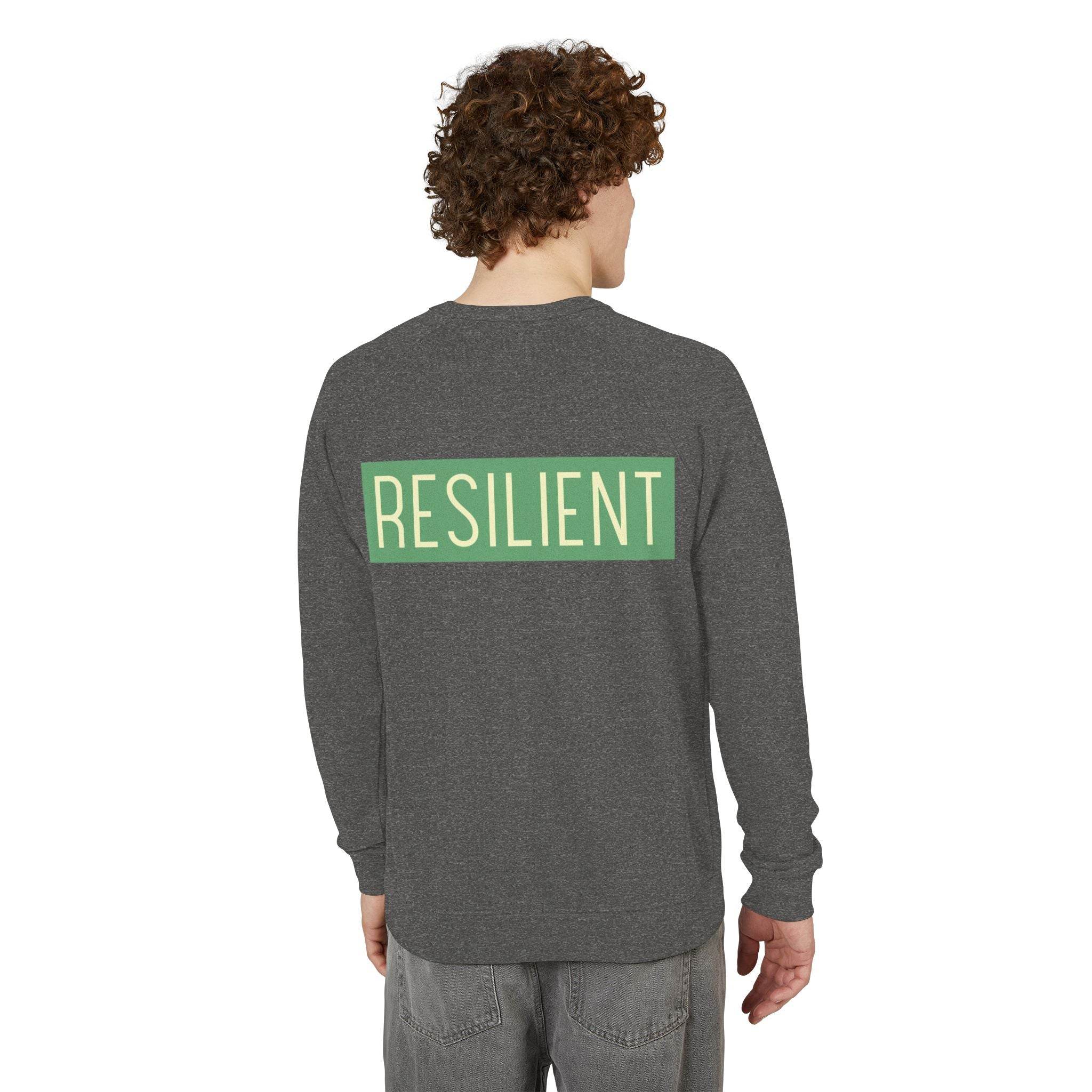 Printify eco-friendly crewneck sweatshirt in dark gray with resilient text on the back