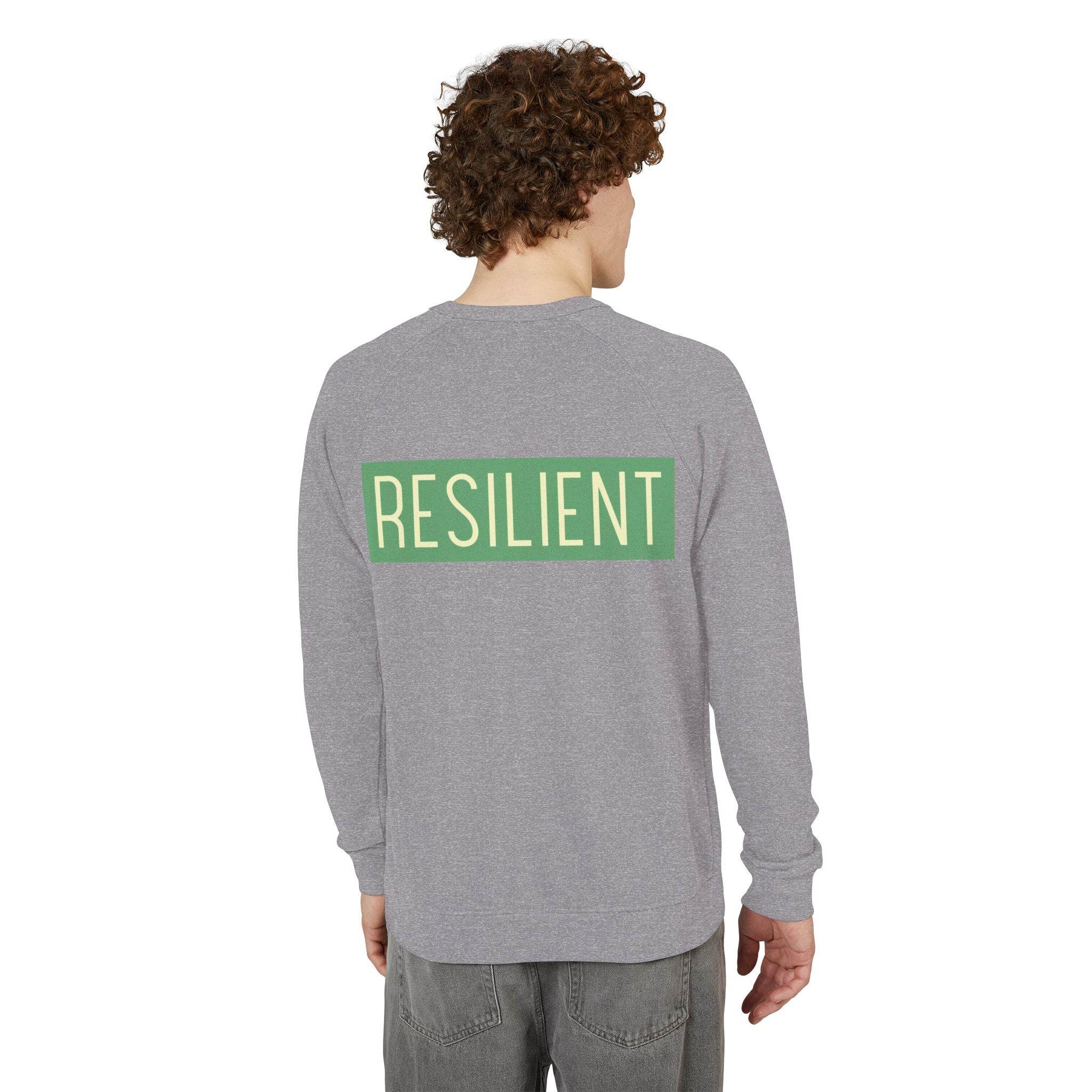 Printify eco-friendly crewneck sweatshirt in gray with resilient text print on back