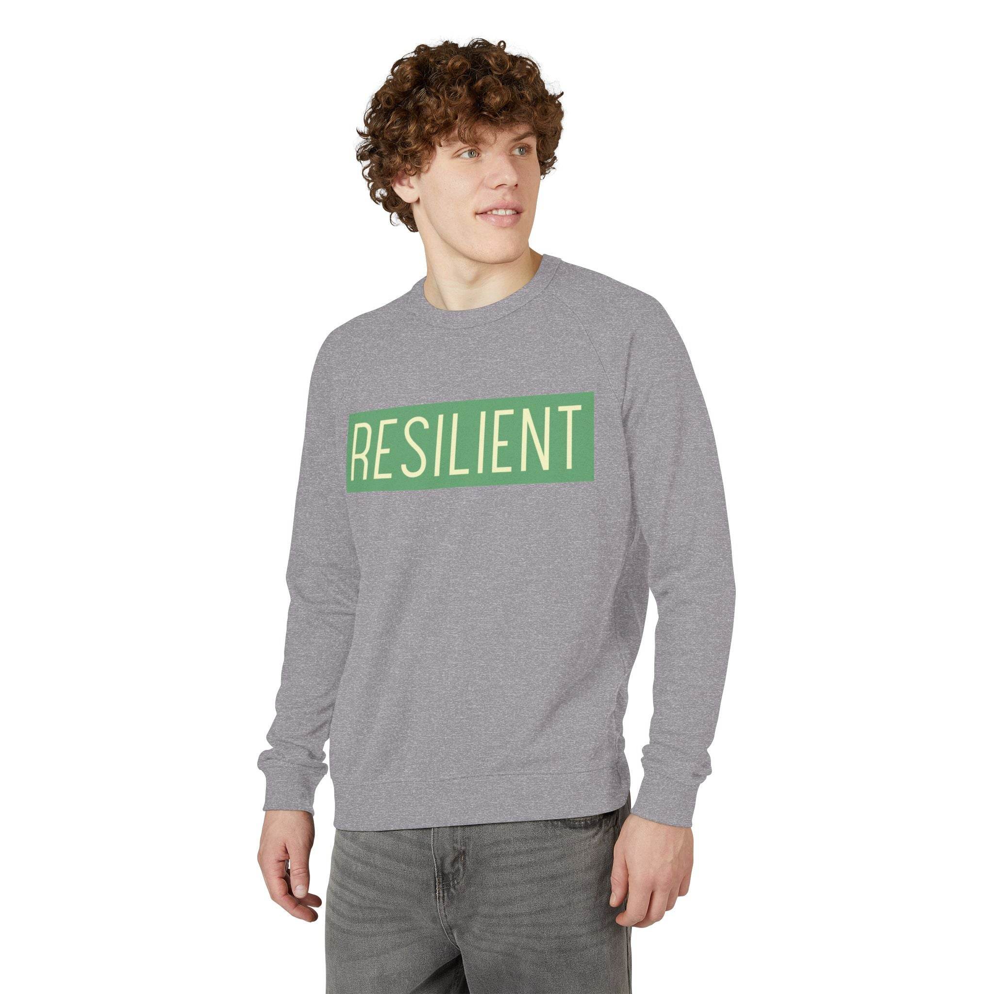 Printify eco-friendly crewneck sweatshirt in gray with RESILIENT text on chest
