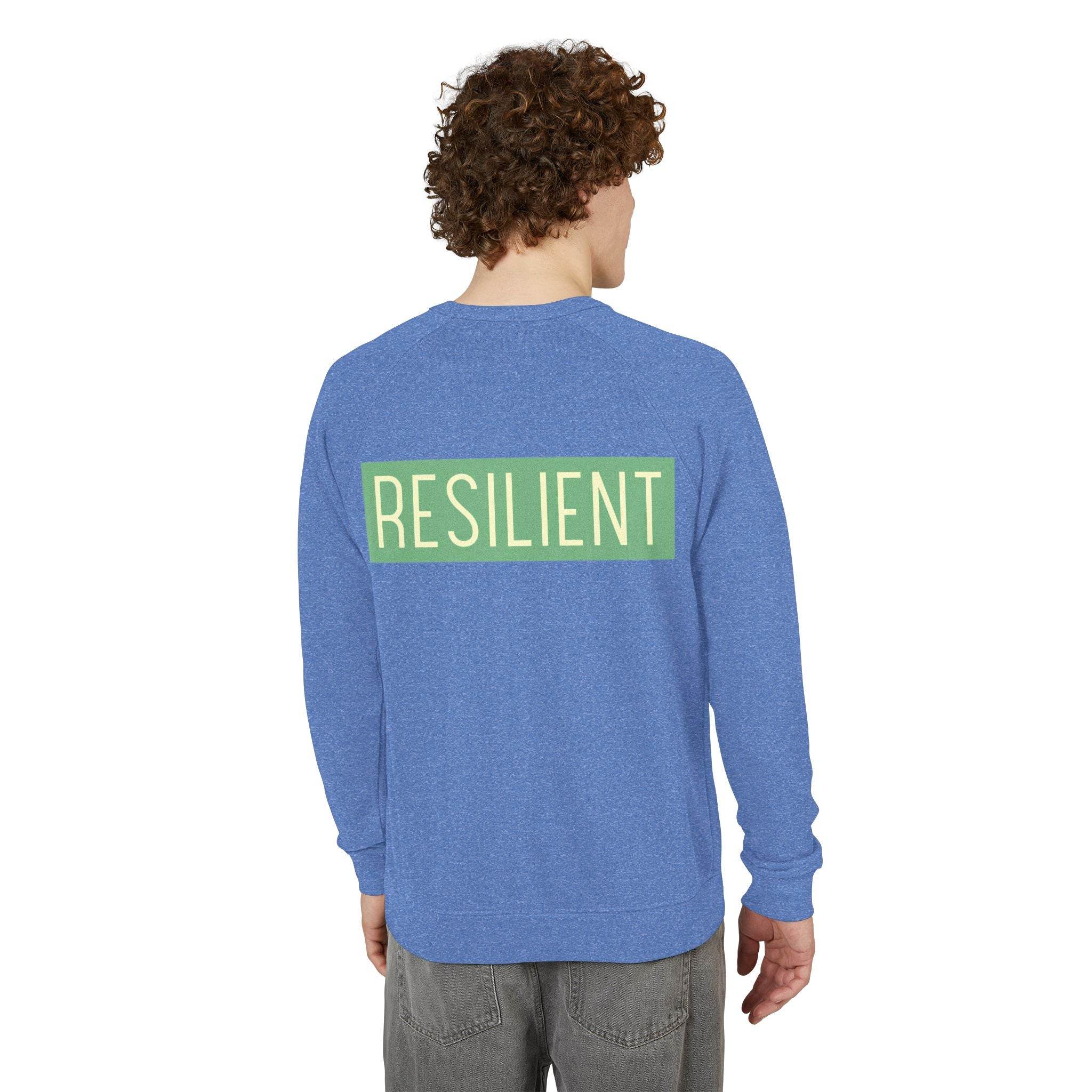 Printify eco-friendly crewneck sweatshirt in blue with resilient graphic on the back worn by male model