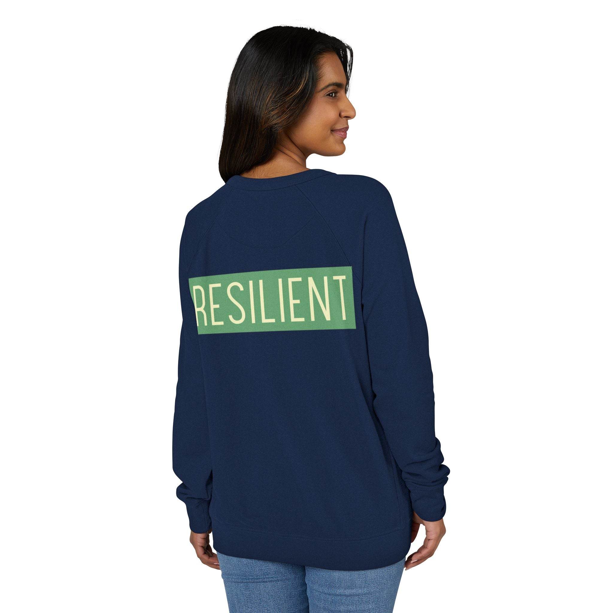 Printify eco-friendly crewneck sweatshirt in navy blue with resilient graphic on back worn by woman
