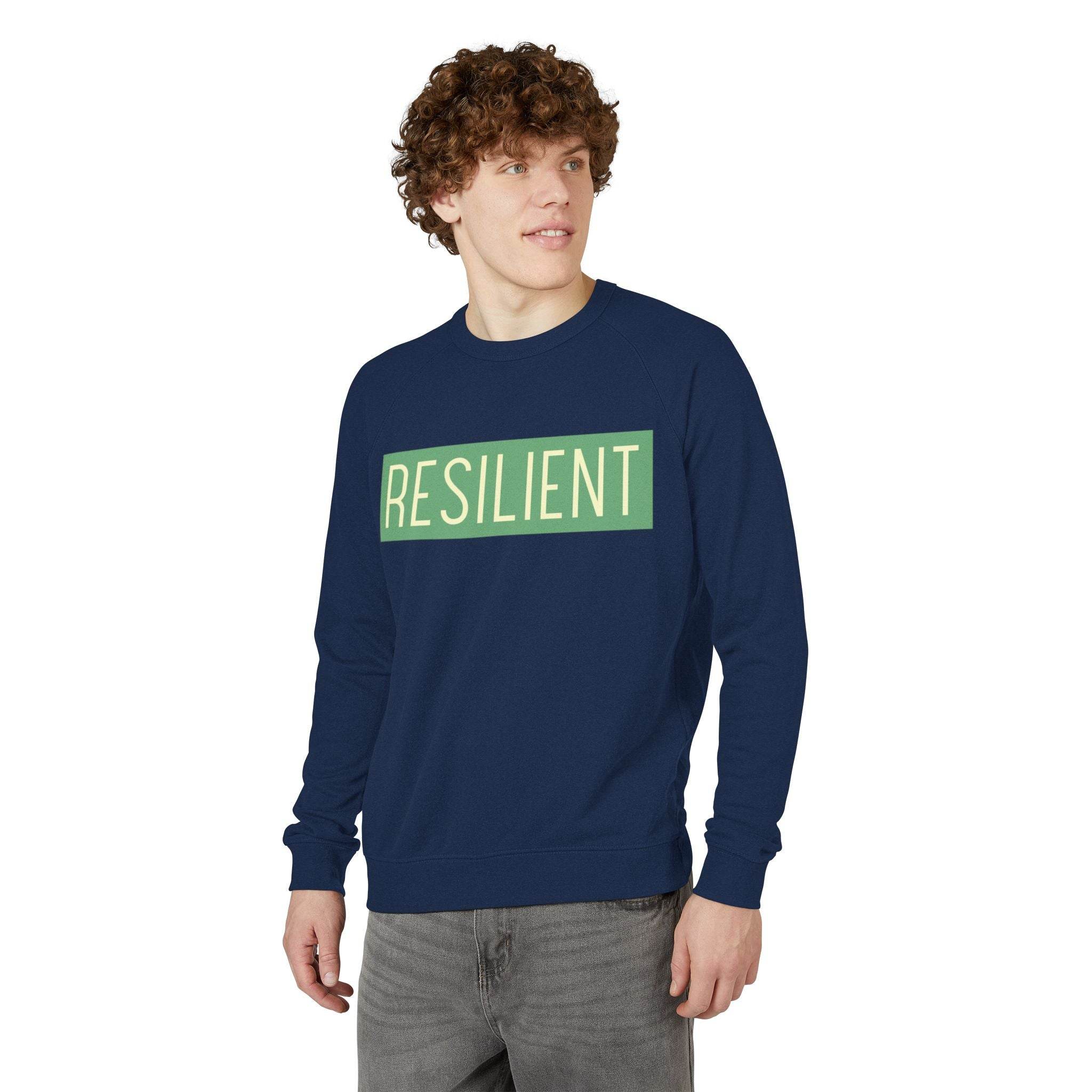 Printify eco-friendly crewneck sweatshirt in navy blue with resilient graphic worn by male model