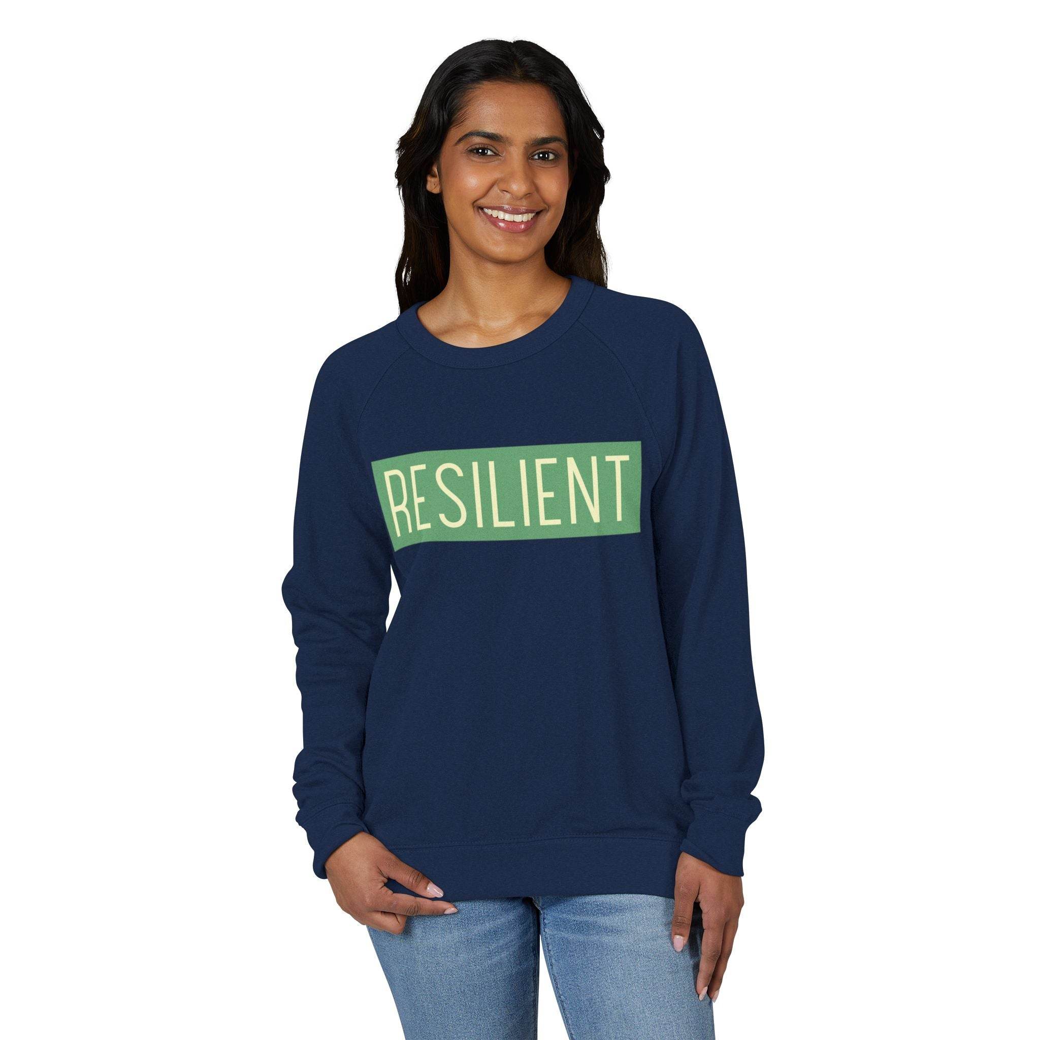 Woman wearing navy blue eco-friendly crewneck sweatshirt with resilient graphic on front from Printify