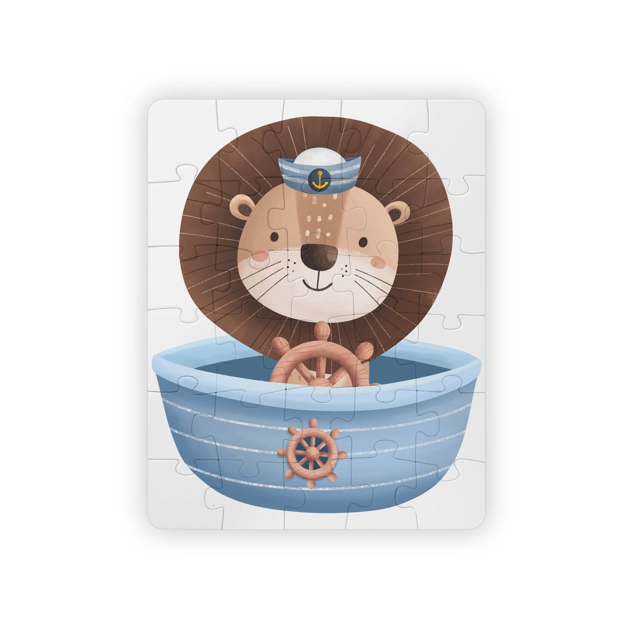 Sailor Lion Kids puzzle featuring a cute lion wearing a sailor hat steering a blue boat
