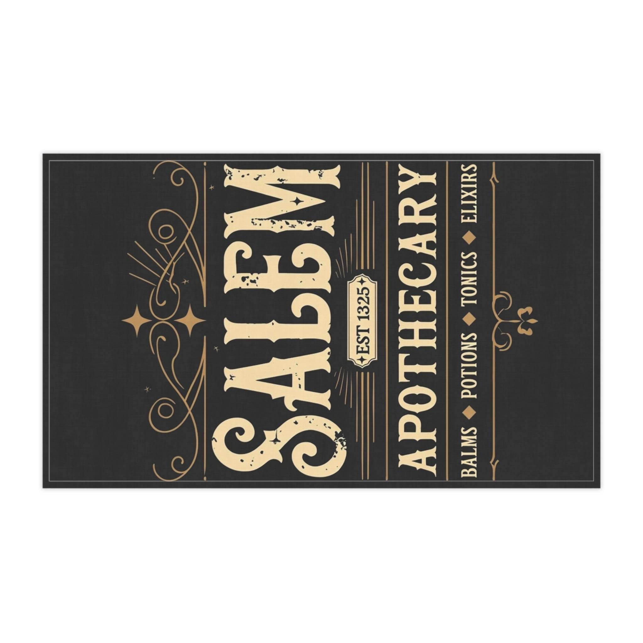 Printify eco-friendly kitchen towel with vintage Salem apothecary design in black and beige decorative typography