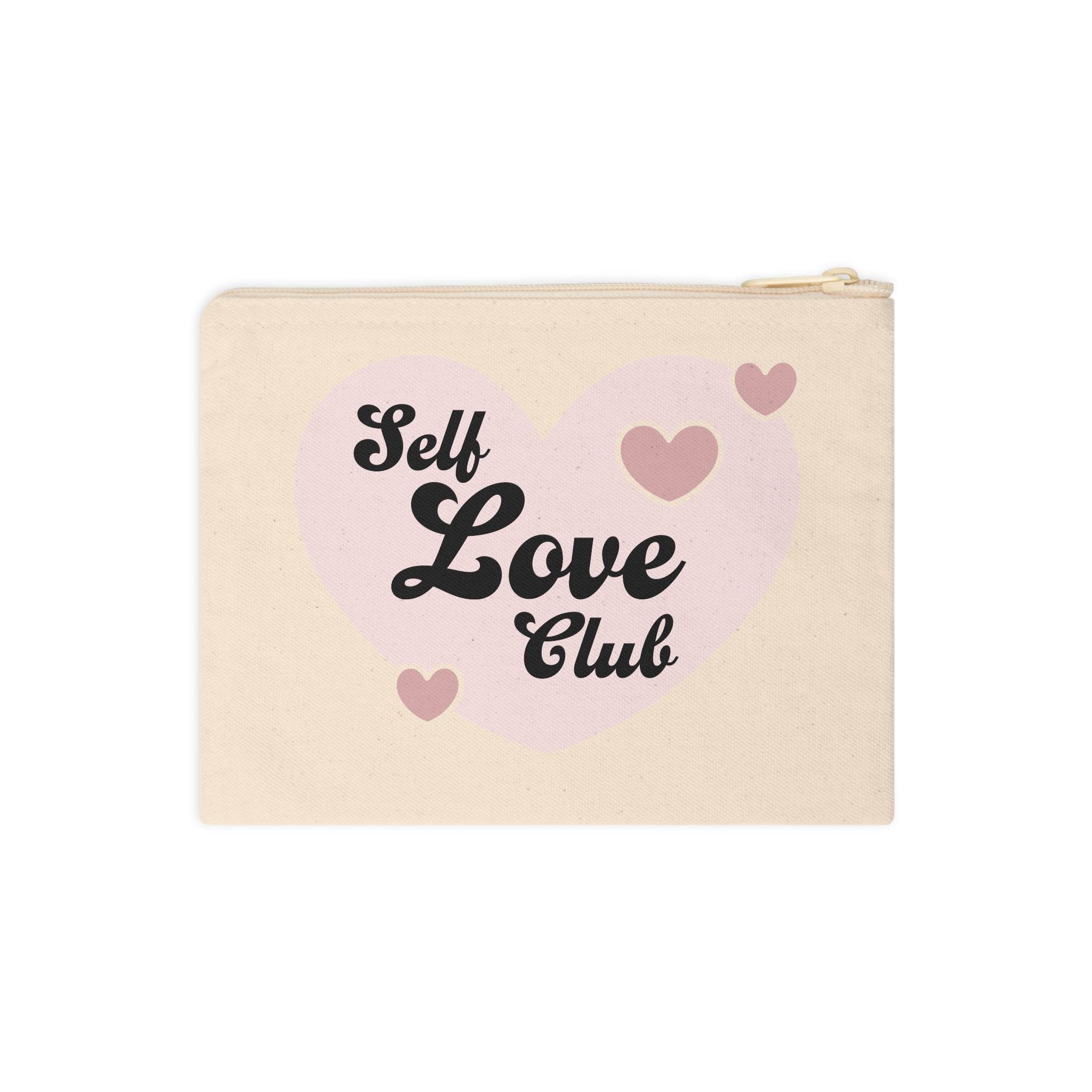 Printify eco-friendly zipper pouch with Self Love Club text and pink heart design