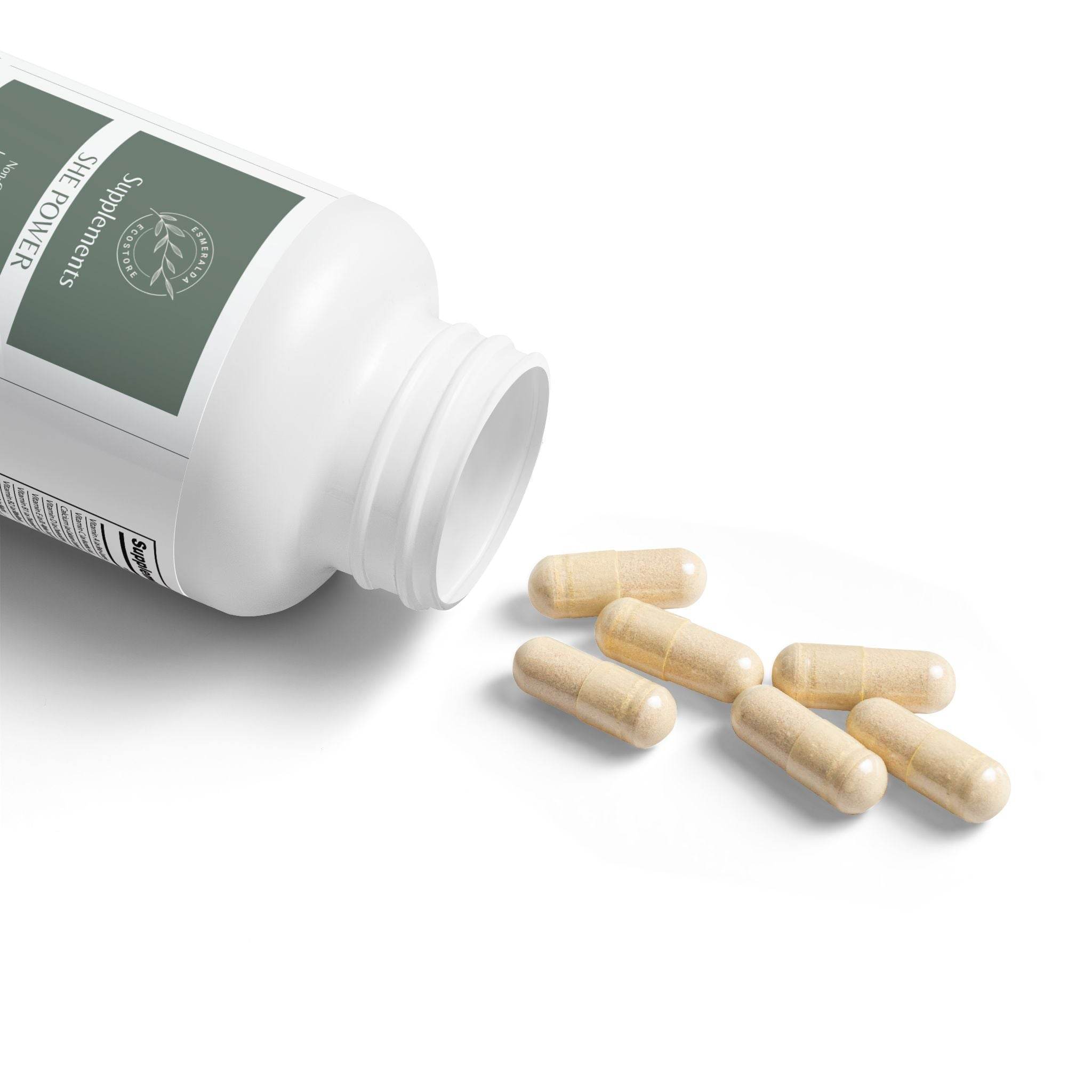 Printify natural multivitamin for women supplement bottle with beige capsules spilled on white background