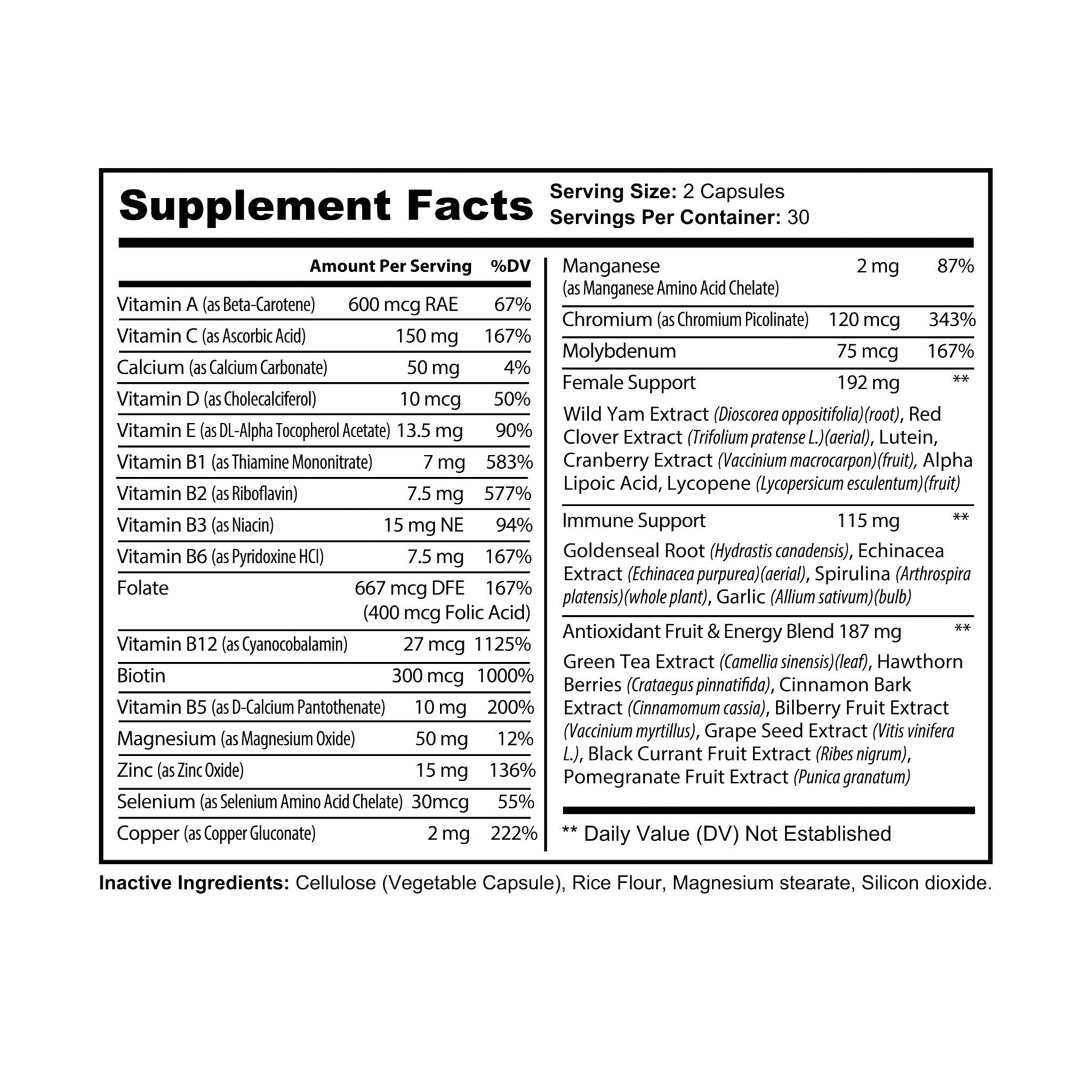 Supplement facts label for natural multivitamin for women showing vitamins and herbal extracts per serving