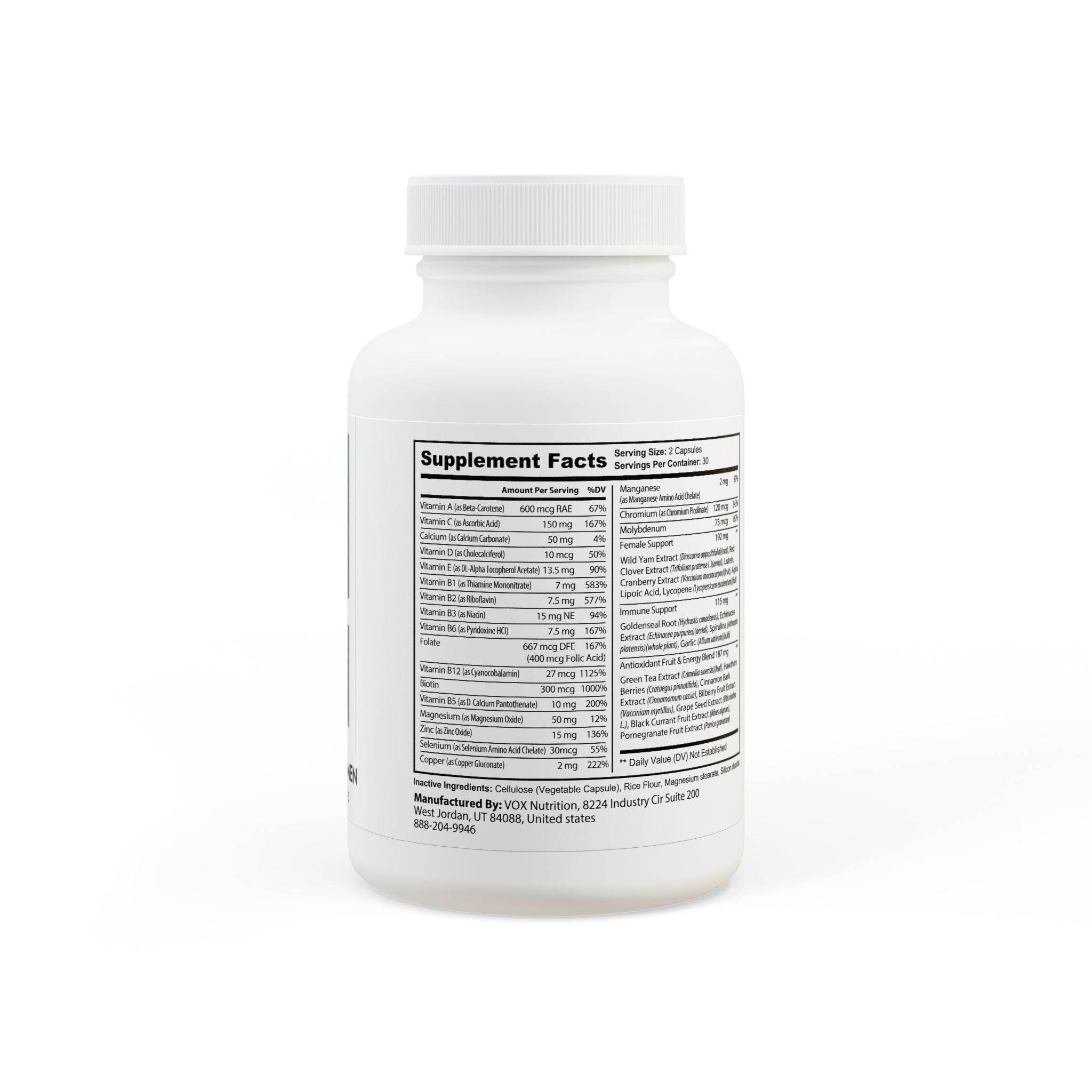 White supplement bottle showing label with supplement facts for natural multivitamin for women