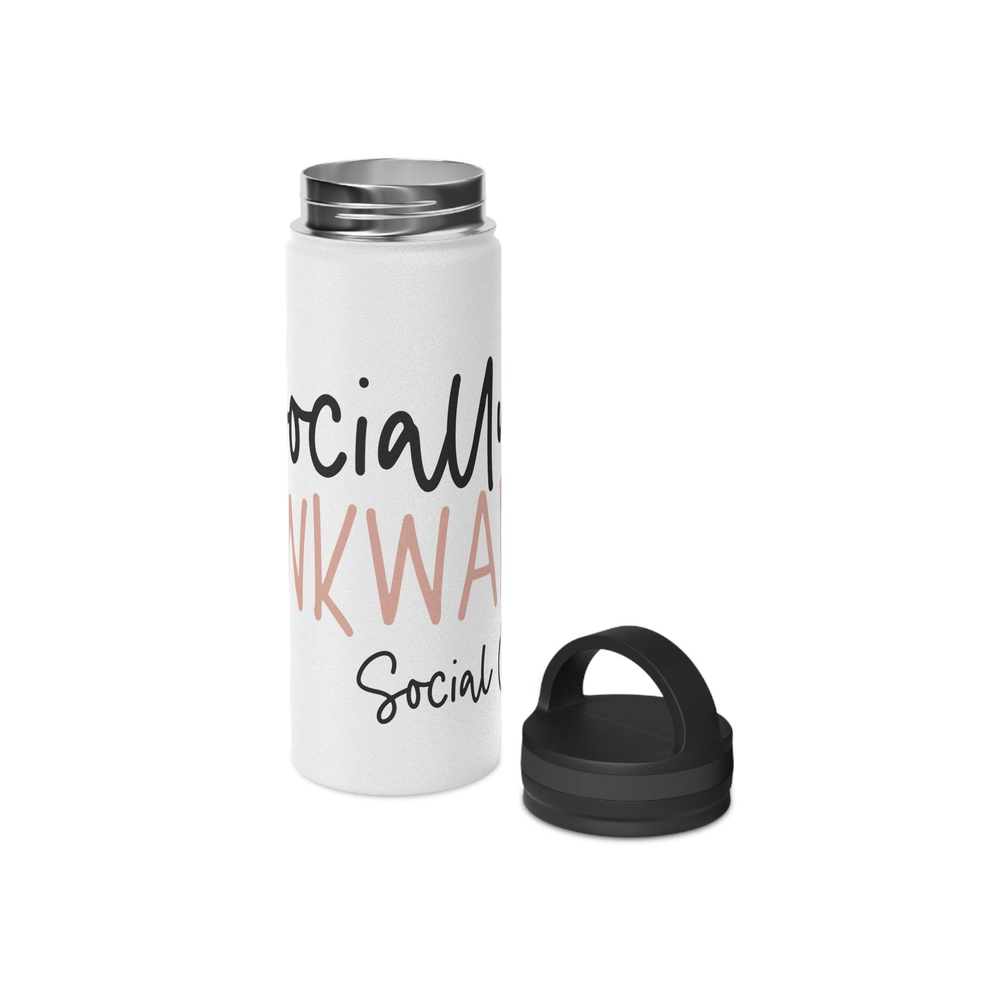 Printify eco-friendly stainless steel water bottle with black lid and white body featuring social awkward design