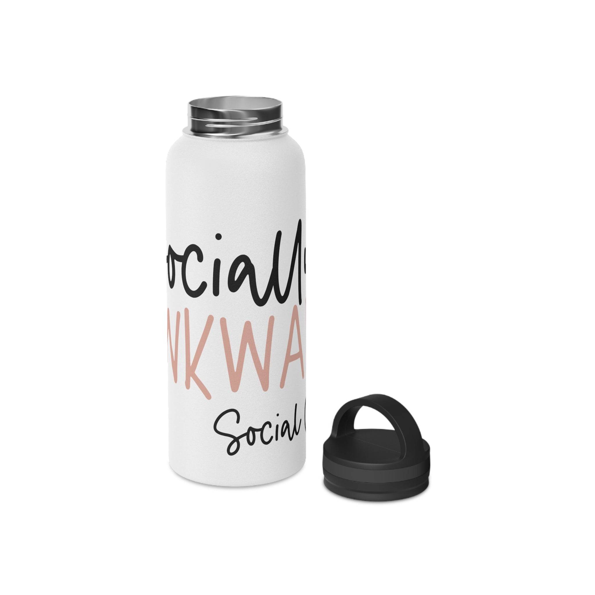 Printify eco-friendly stainless steel water bottle with black screw-on lid and white design