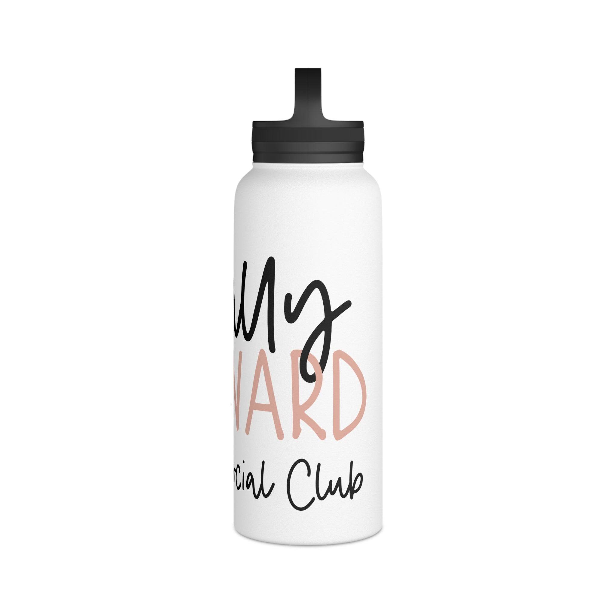 Printify white eco-friendly stainless steel water bottle with black lid and custom text design