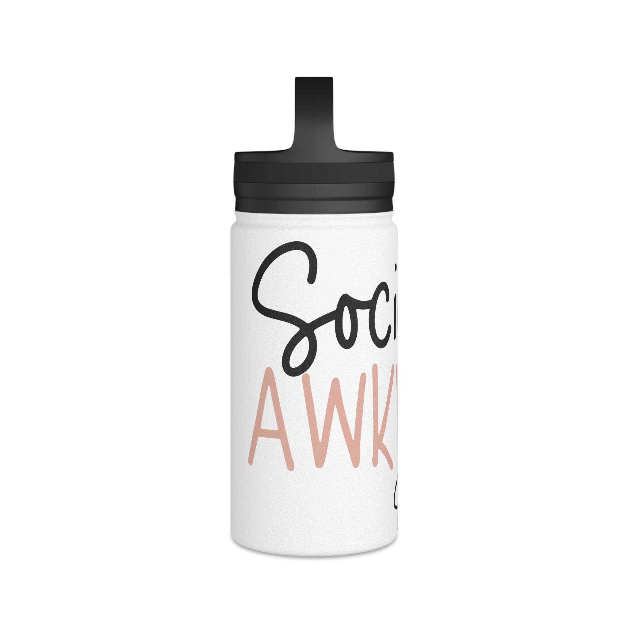 Printify eco-friendly stainless steel water bottle with social awkward design and black lid