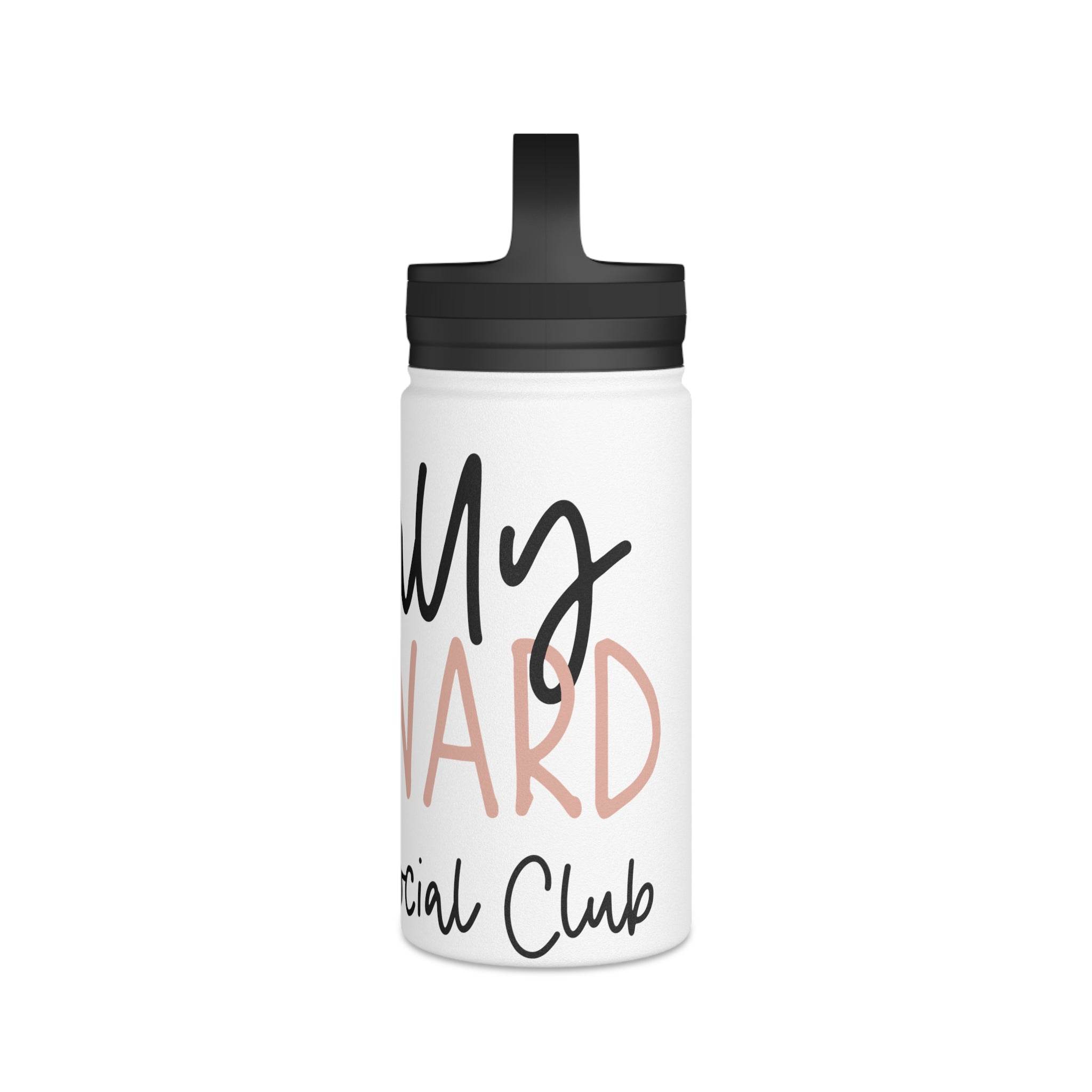 Printify eco-friendly stainless steel water bottle with white body and black text design
