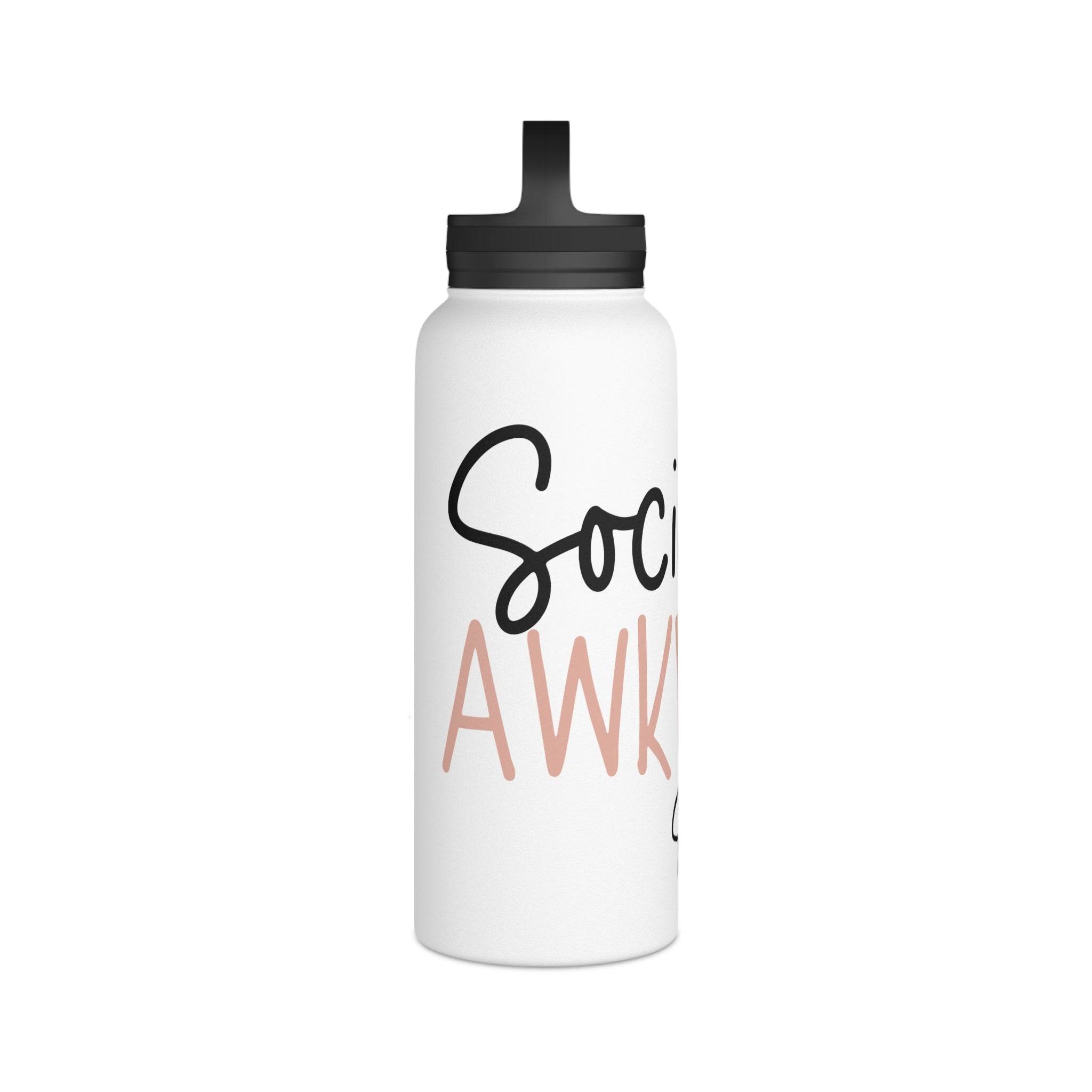 Printify eco-friendly stainless steel water bottle with white body and black cap featuring social awkward text design