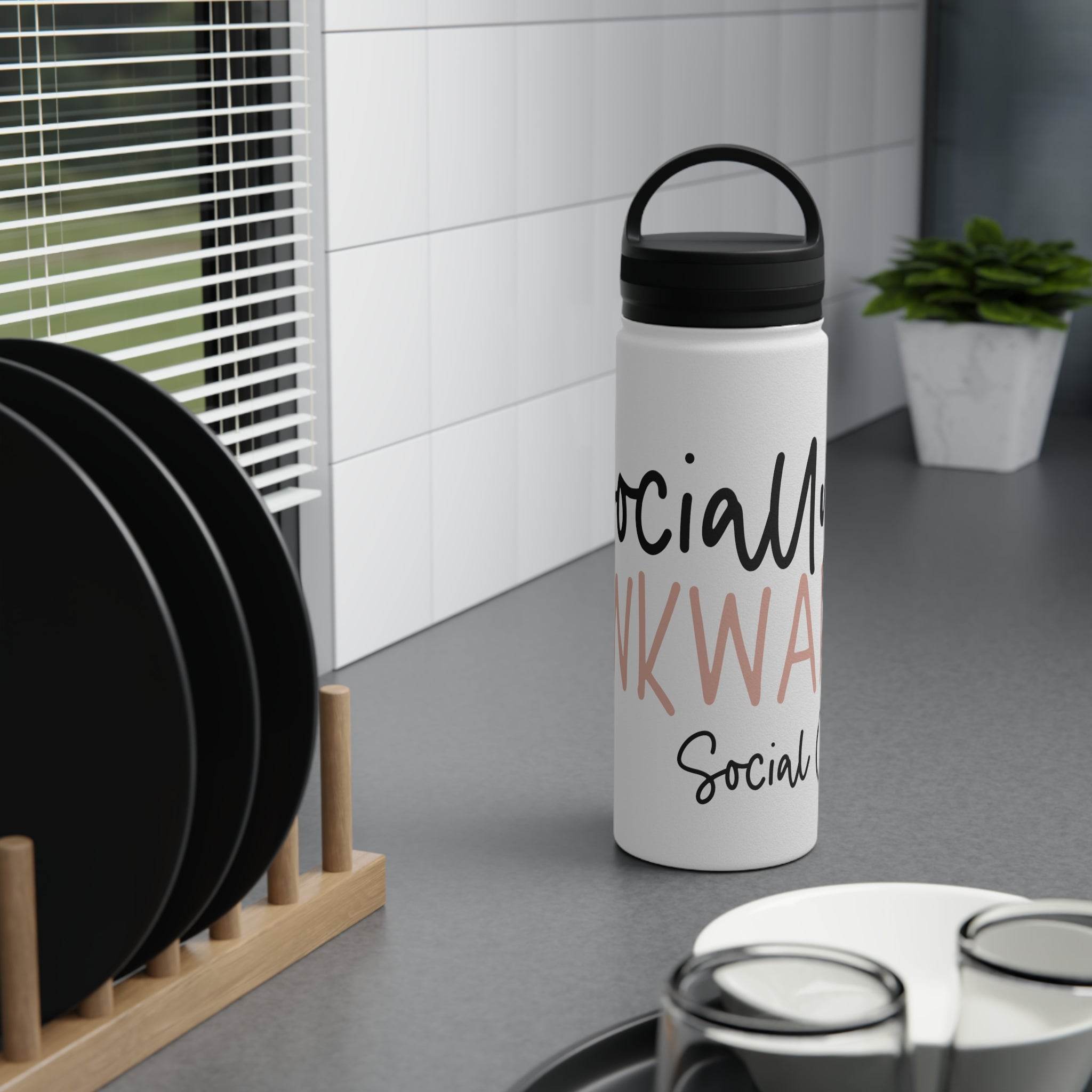 Printify eco-friendly stainless steel water bottle with black handle and white body on kitchen counter