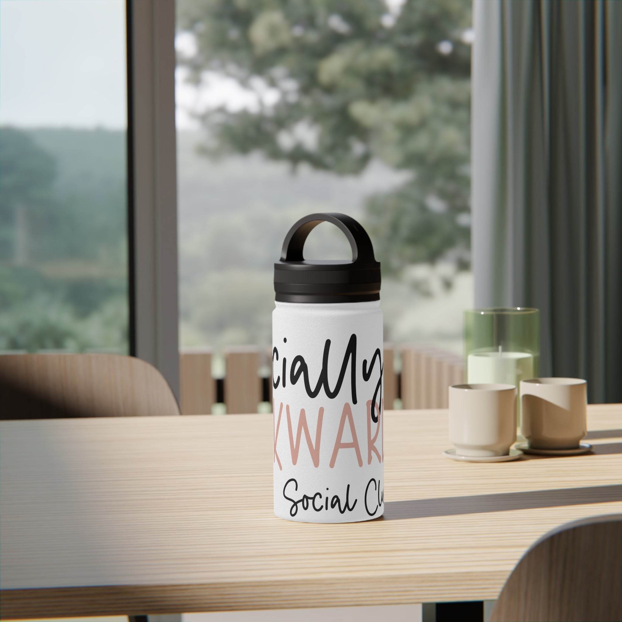 Printify eco-friendly stainless steel water bottle with black handle on wooden table