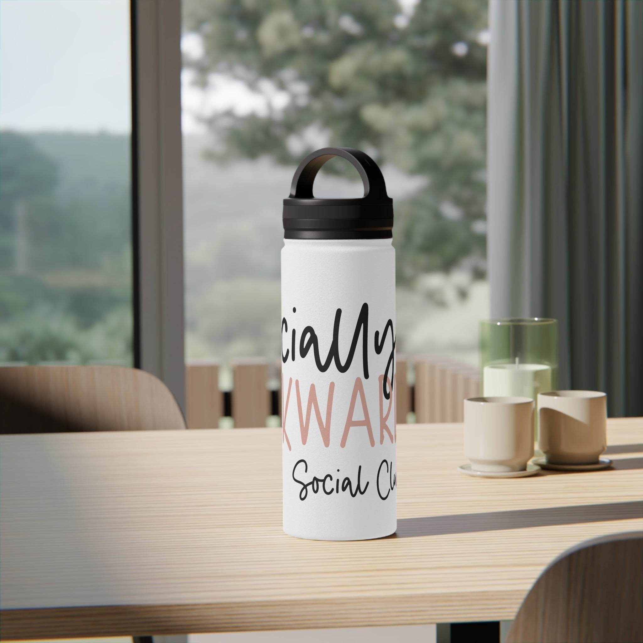 Printify eco-friendly stainless steel water bottle with white design and black cap on wooden table