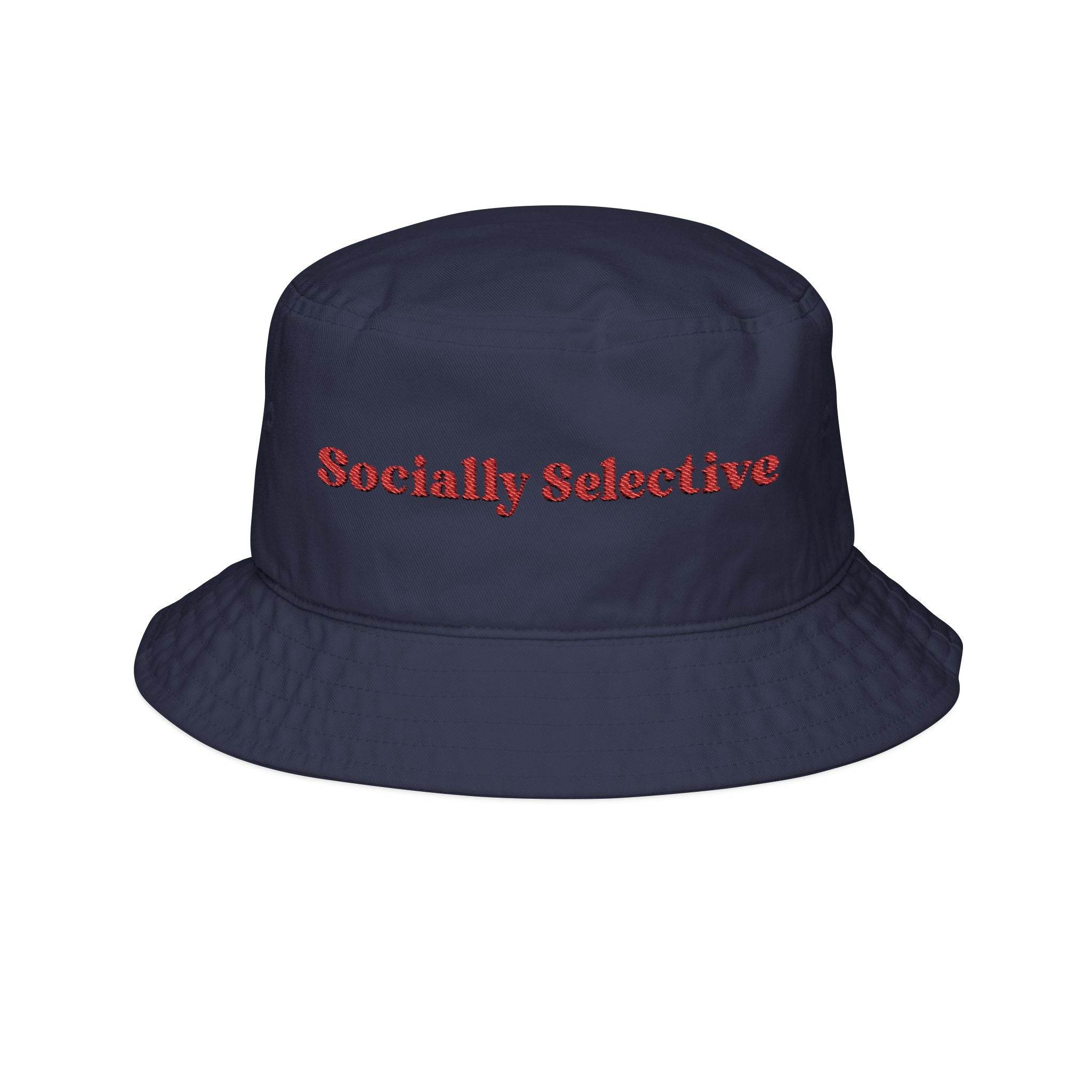 Printify navy blue eco-friendly bucket hat with red Socially Selective embroidery