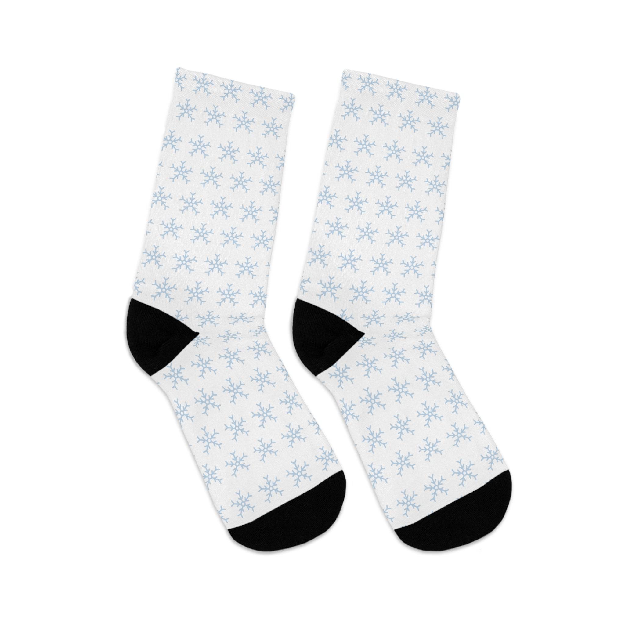 Printify white socks with black heel and toe featuring blue snowflake pattern sustainable recycled poly socks