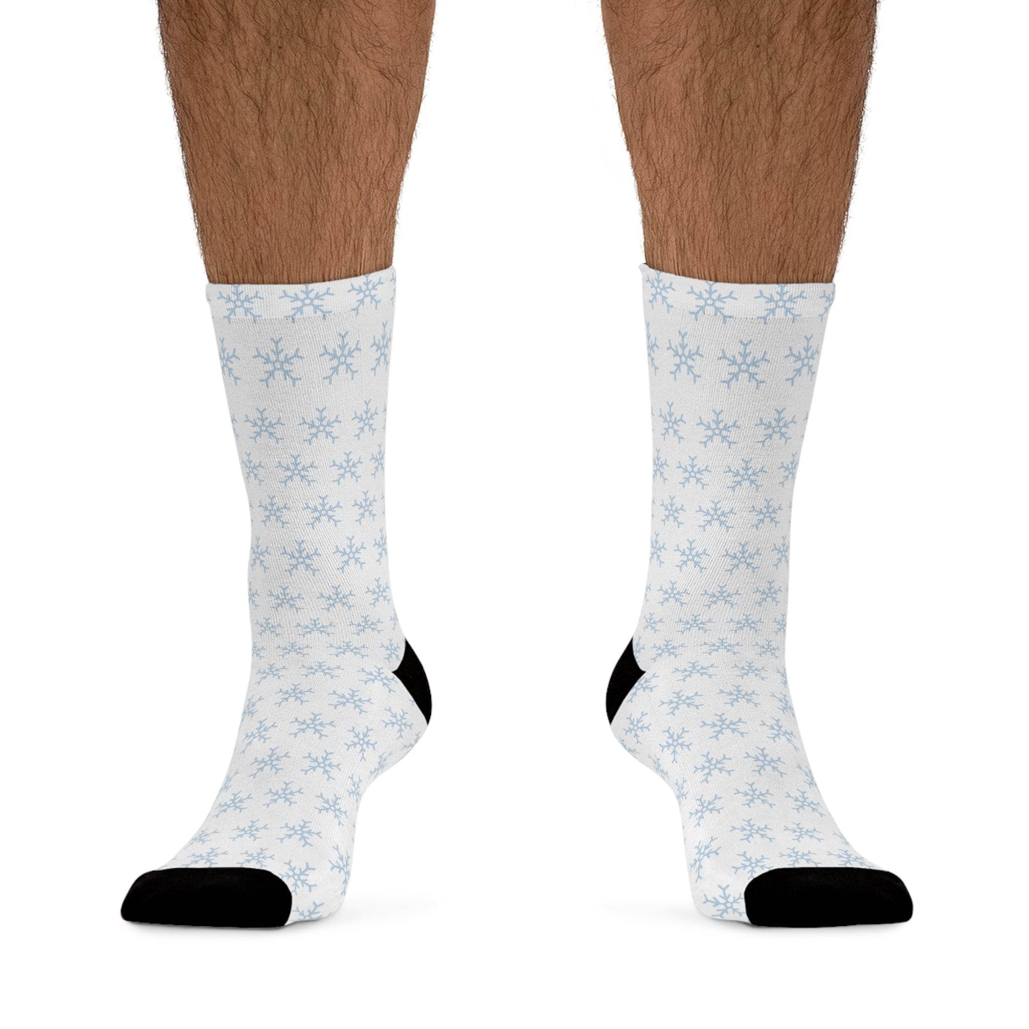 Printify white socks with blue snowflake pattern and black toe and heel sustainable recycled poly socks